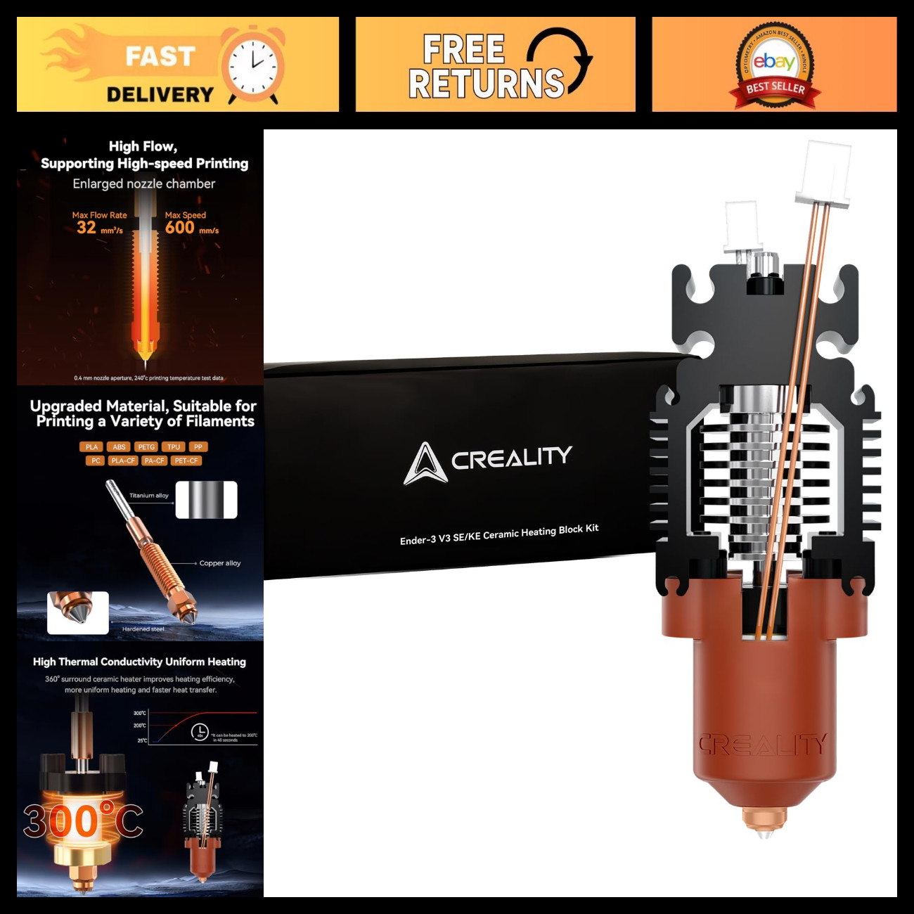 3D Printer Upgrade Hotend Kit, Ceramic Heating Block & Quick-Swap Nozzle, 300°C,
