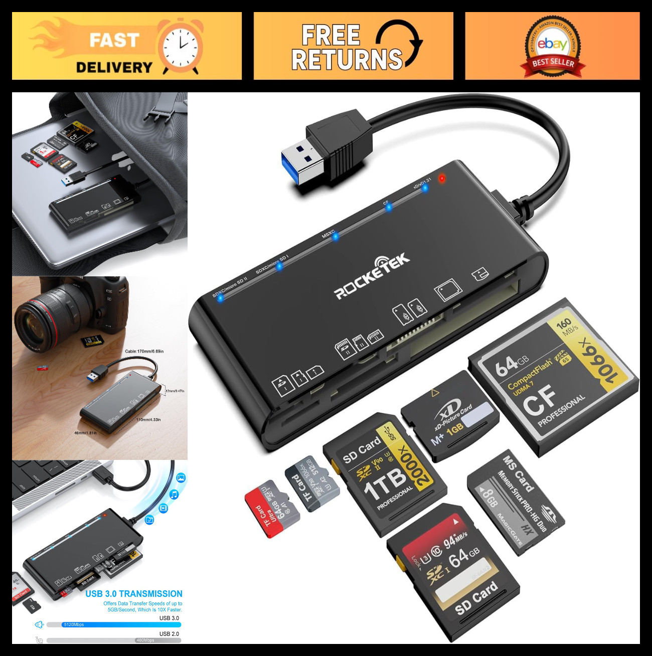 7-in-1 USB 3.0 Multi-Card Reader for xD/CF/MS/SD/TF - Compatible with Windows, M