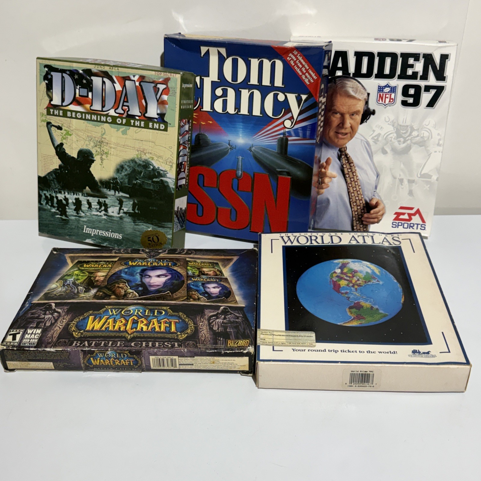 VTG Big Box Computer PC Software Lot D-day Tom Clancy SSN Madden Warcraft Atlas