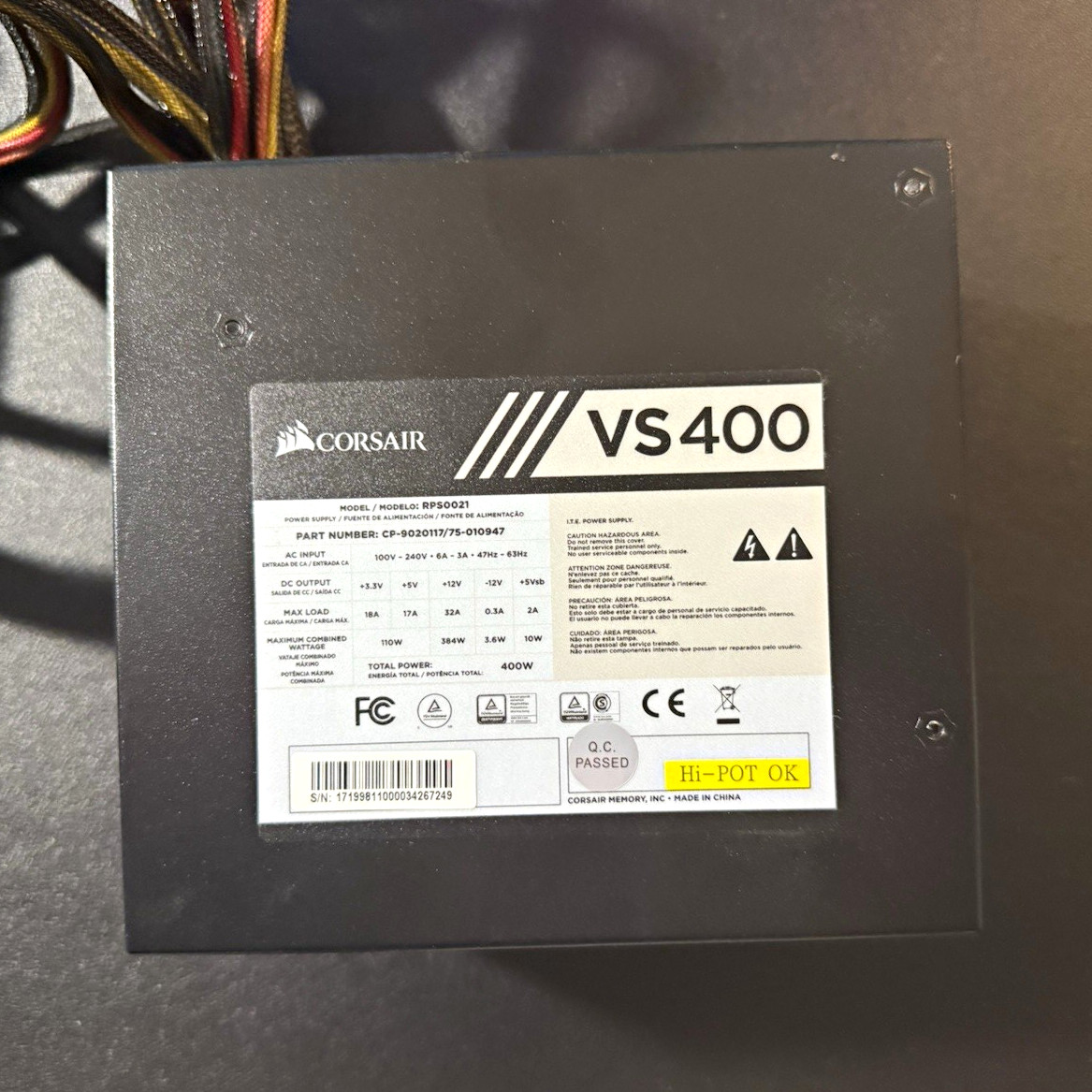 Corsair VS400 400W ATX Non-Modular Power Supply Black CP-9020117 24-Pin