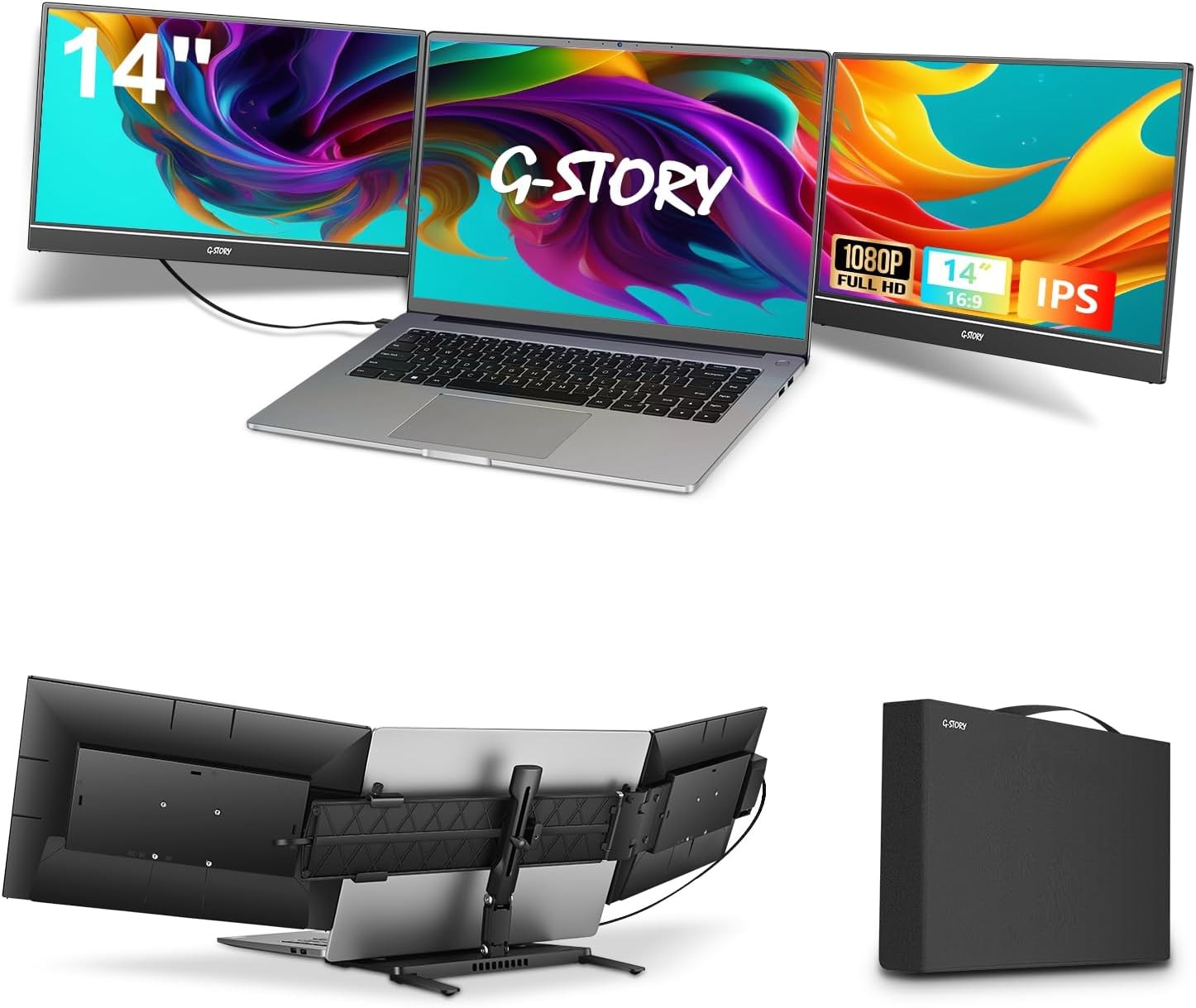 Portable Dual Monitor 14" FHD 1080P Triple Laptop Screen Extender by G-STORY