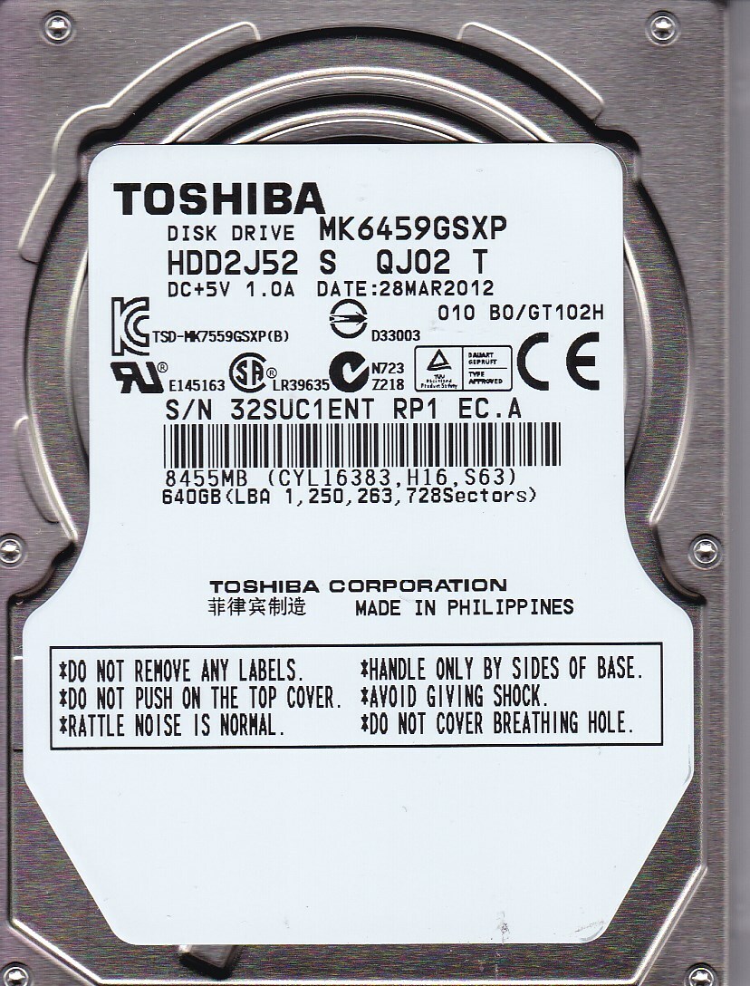 MK6459GSXP d/n: HDD2J52 S QJ02 T MAR/ 2012 640GB SATA 2.5" Toshiba
