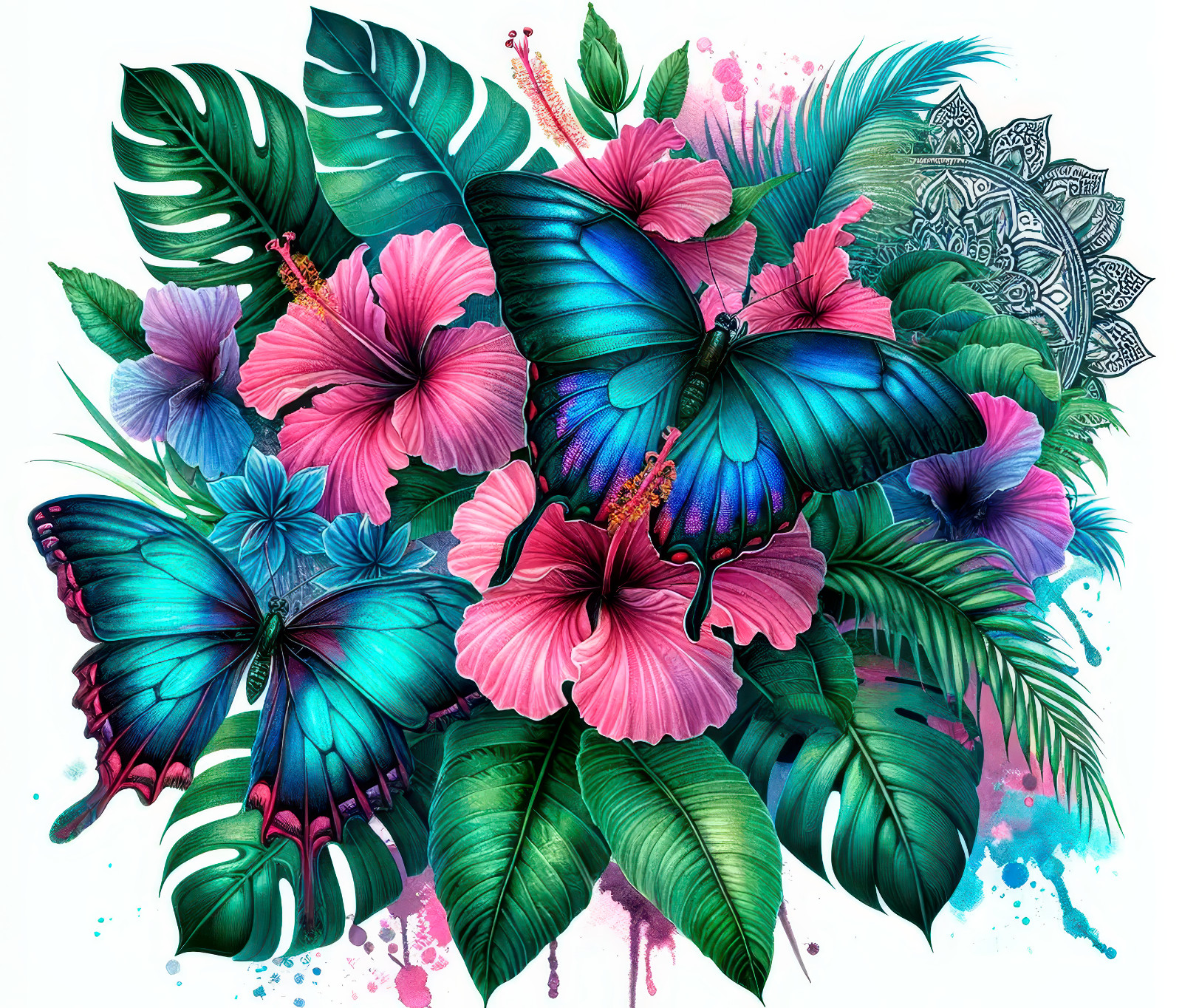 TROPICAL BLUE BUTTERFLY HIBISCUS FLORAL MANDALA COMPUTER MOUSE PAD  9.14 x 7.75