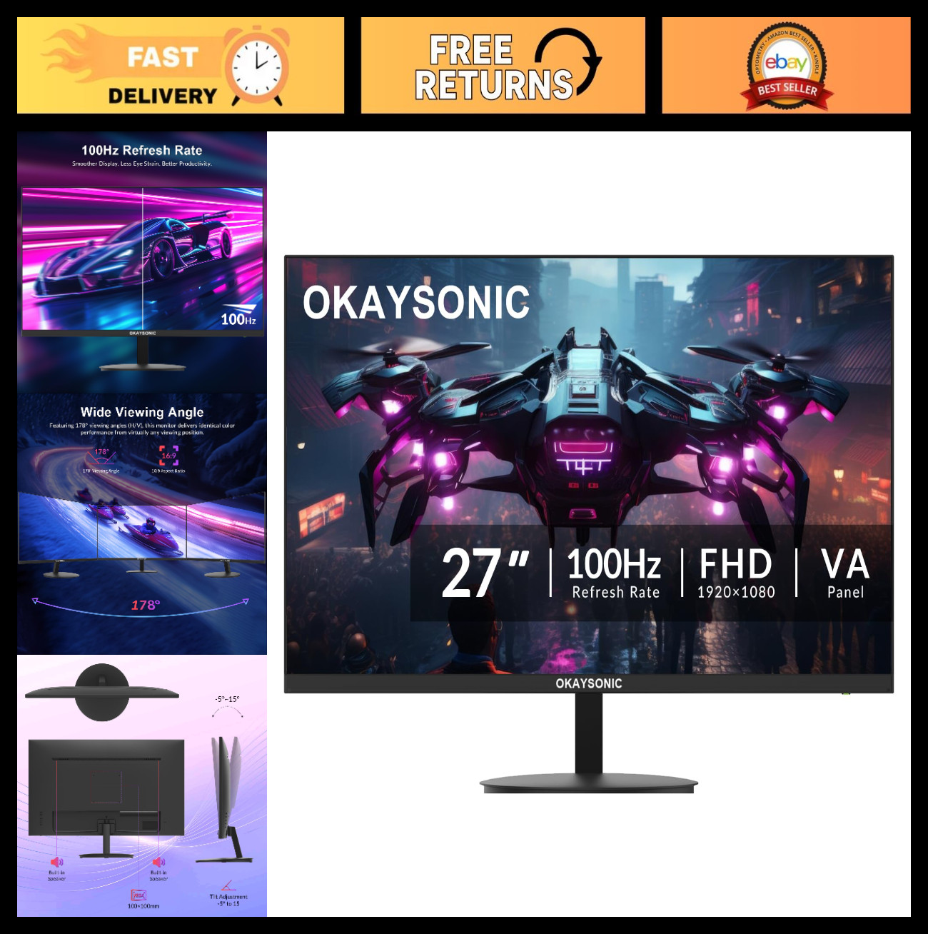 27" FHD 1080P Office Monitor, 100Hz Refresh Rate, Frameless Design, HDMI/VGA, VE