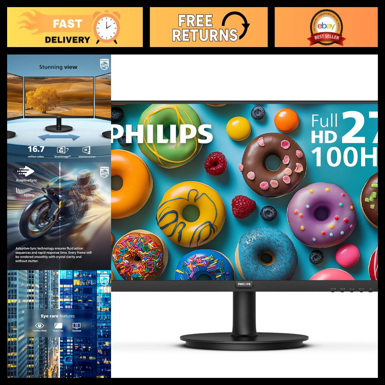 27" FHD Computer Monitor 100Hz VA Display, VESA Mount, Eye Care Technology