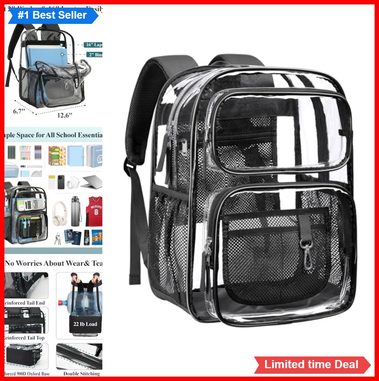 Clear Backpack 17 Inch Heavy Duty PVC 16 Inch Laptop Sleeve 22 lb Capacity For