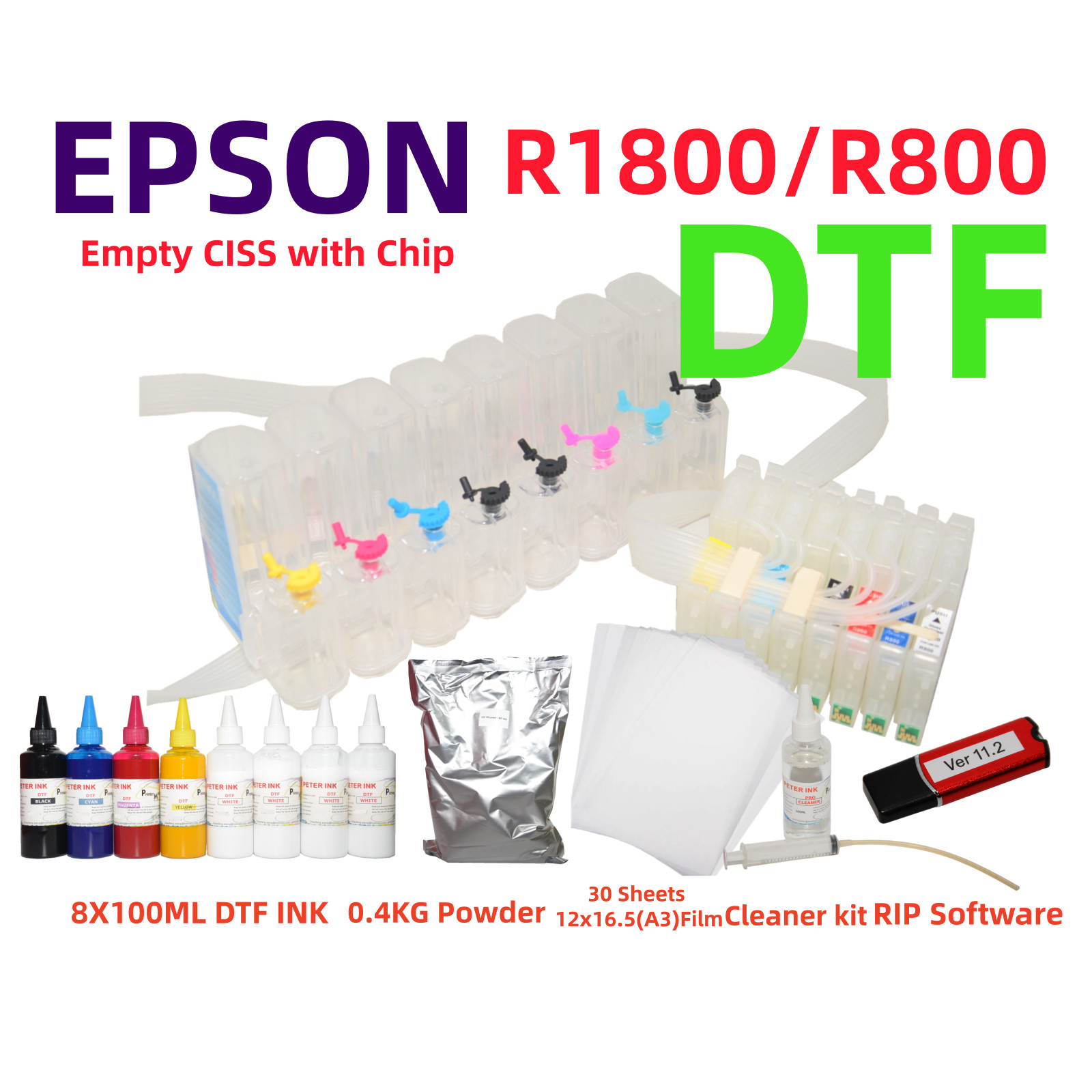 DTF Printing Kit for Stylus R800 R1800: CISS, Ink, Film, Powder, RIP