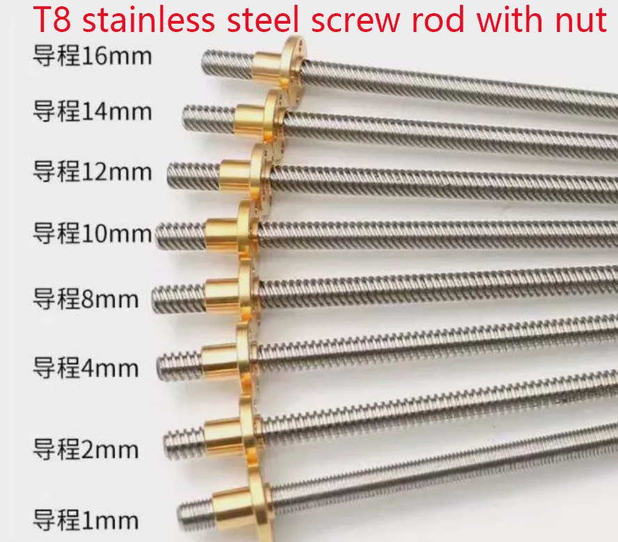 1PC T8 Trapezoidal Rod Screw & Nut, Lead 1 -14 mm Long 100 -600mm CNC 3D Printer