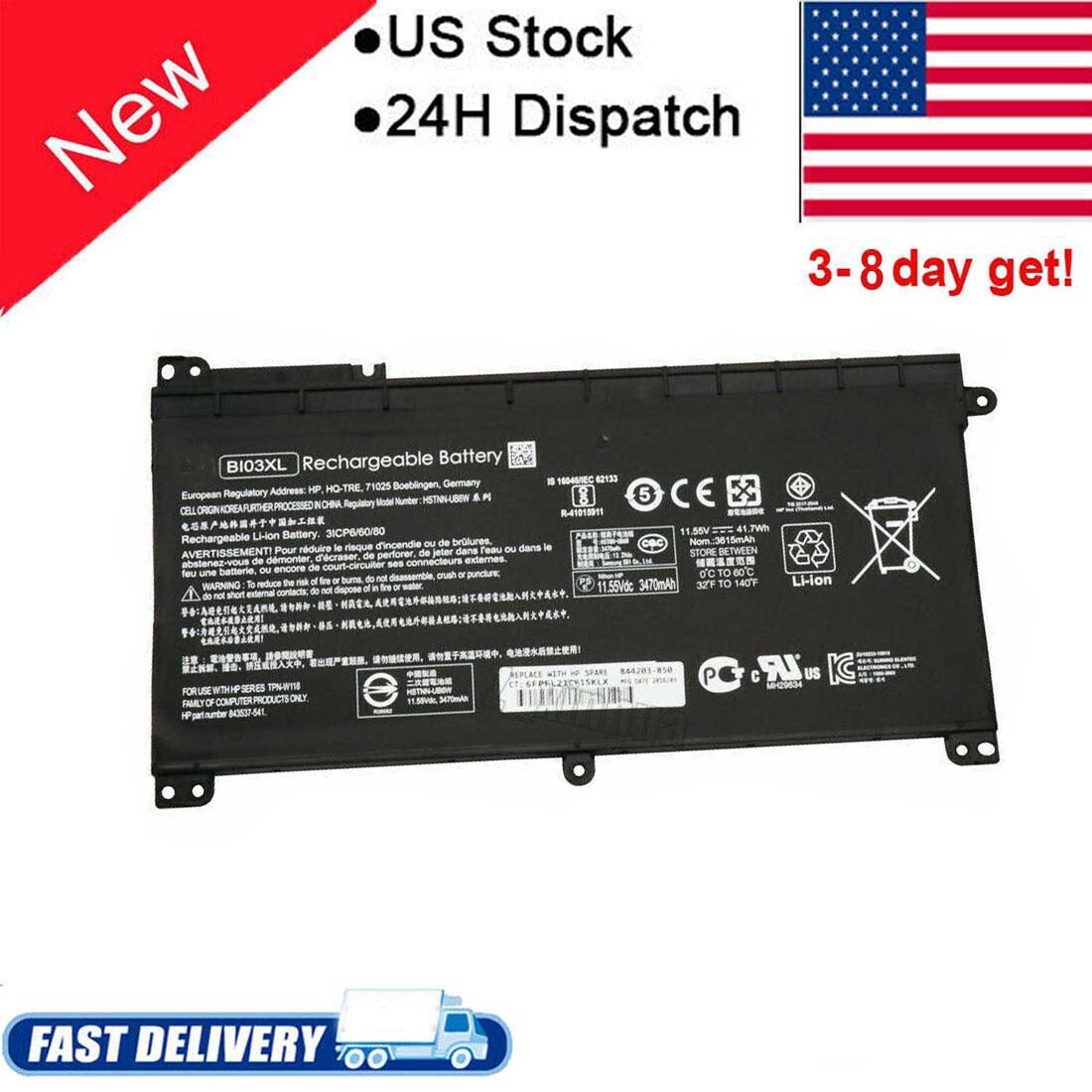New   Battery Fit HP Stream 14-AX 14-AX000na 13-U 11.55V BI03XL 844203-855