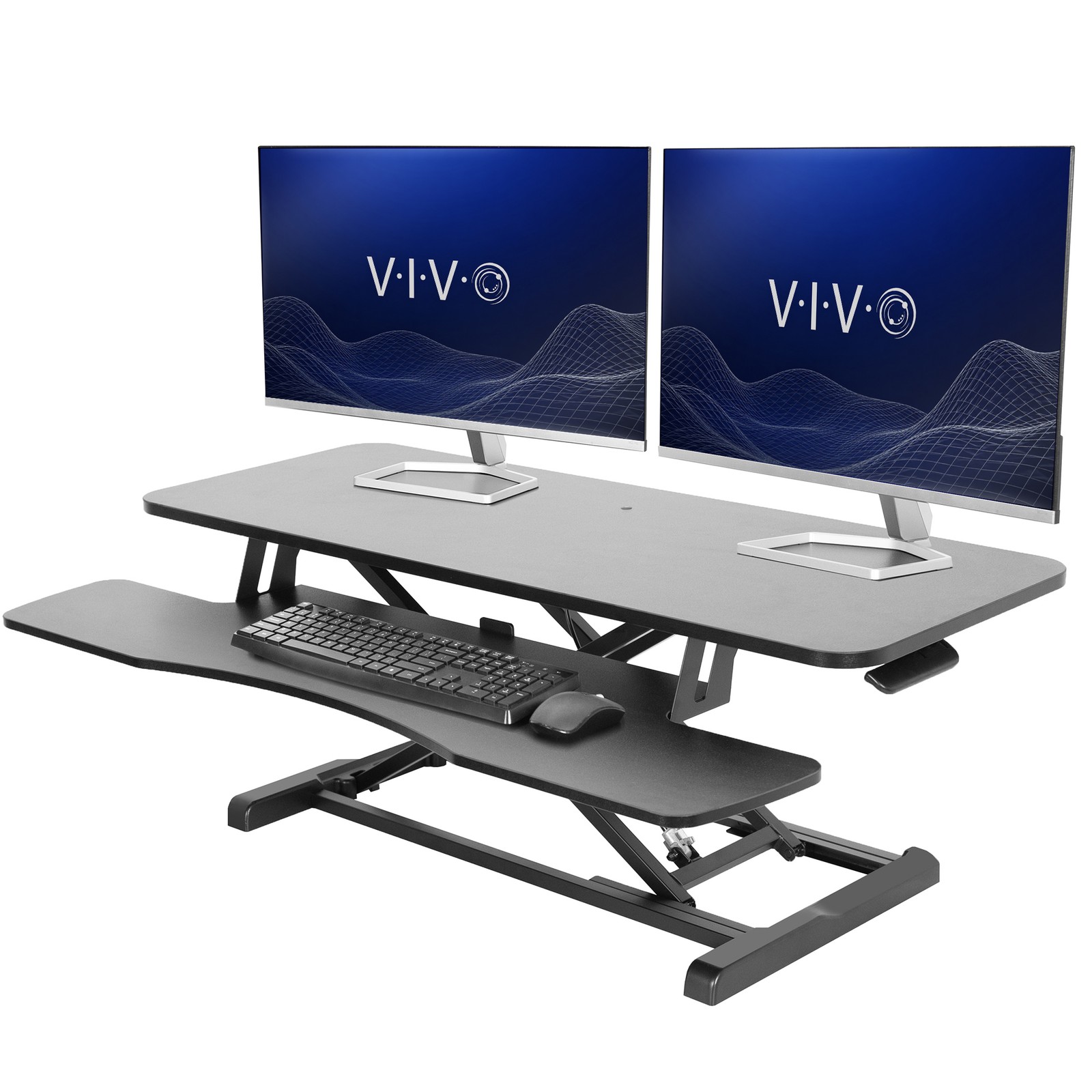 VIVO Black Height Adjustable 42" Standing Desk Monitor Riser, Sit Stand Tabletop