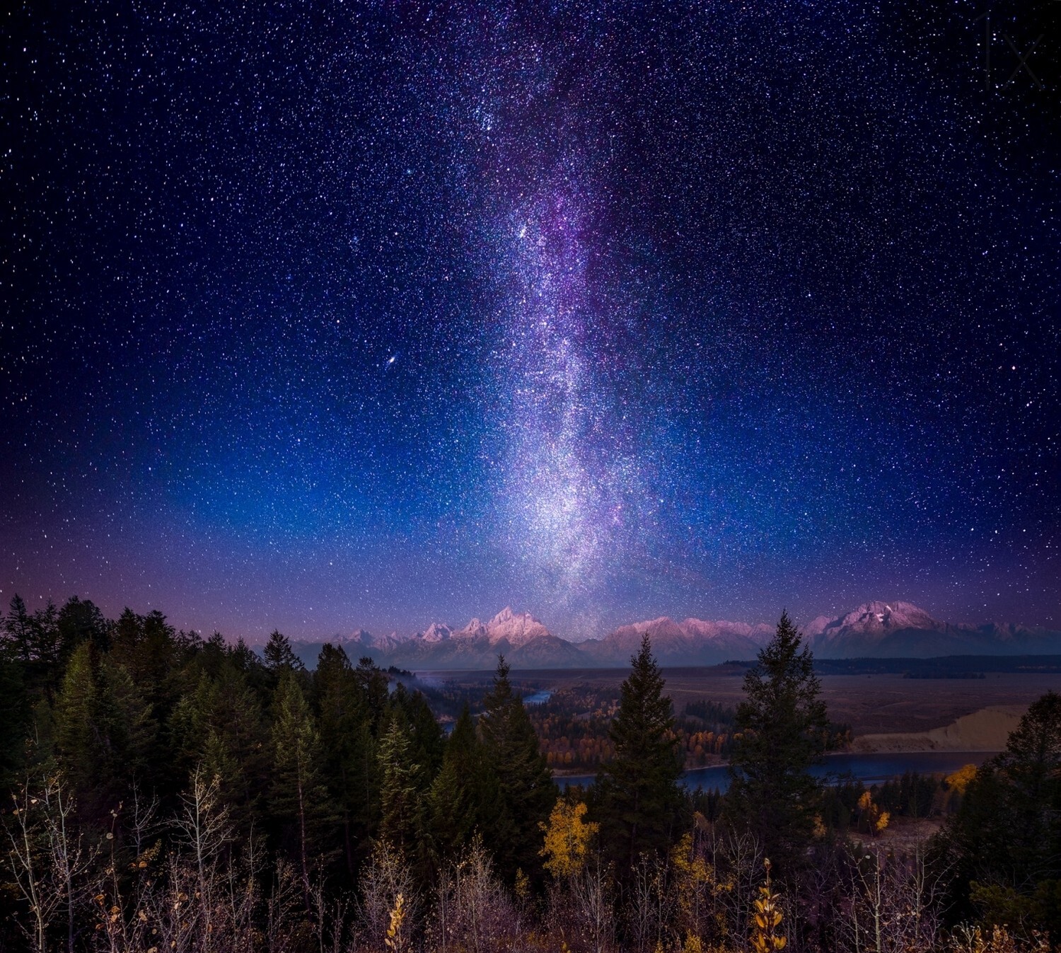 Landscape nature mountains forest snowy peak milky way Custom Gaming Mat Desk