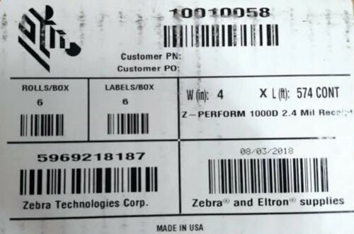 Zebra Z-PERFORM 1000D 2.4 Mil RECEIPT PAPER 4" x 575', 6 ROLLS #10010058