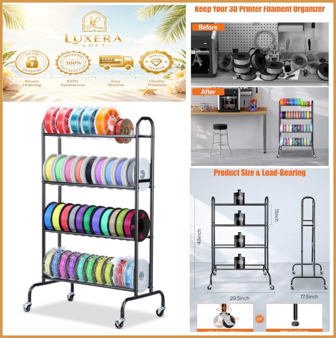 3D Printer Filament Storage Rack 4 Tier 40 Spool Capacity with Wheels