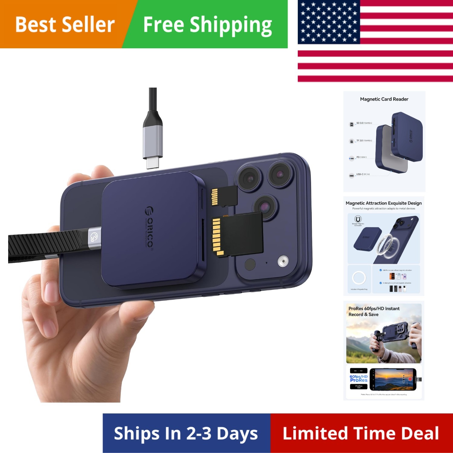 Ultra-Thin Magnetic SD Card Reader for iPhone, 4-in-1 USB C Memory Card Reade...