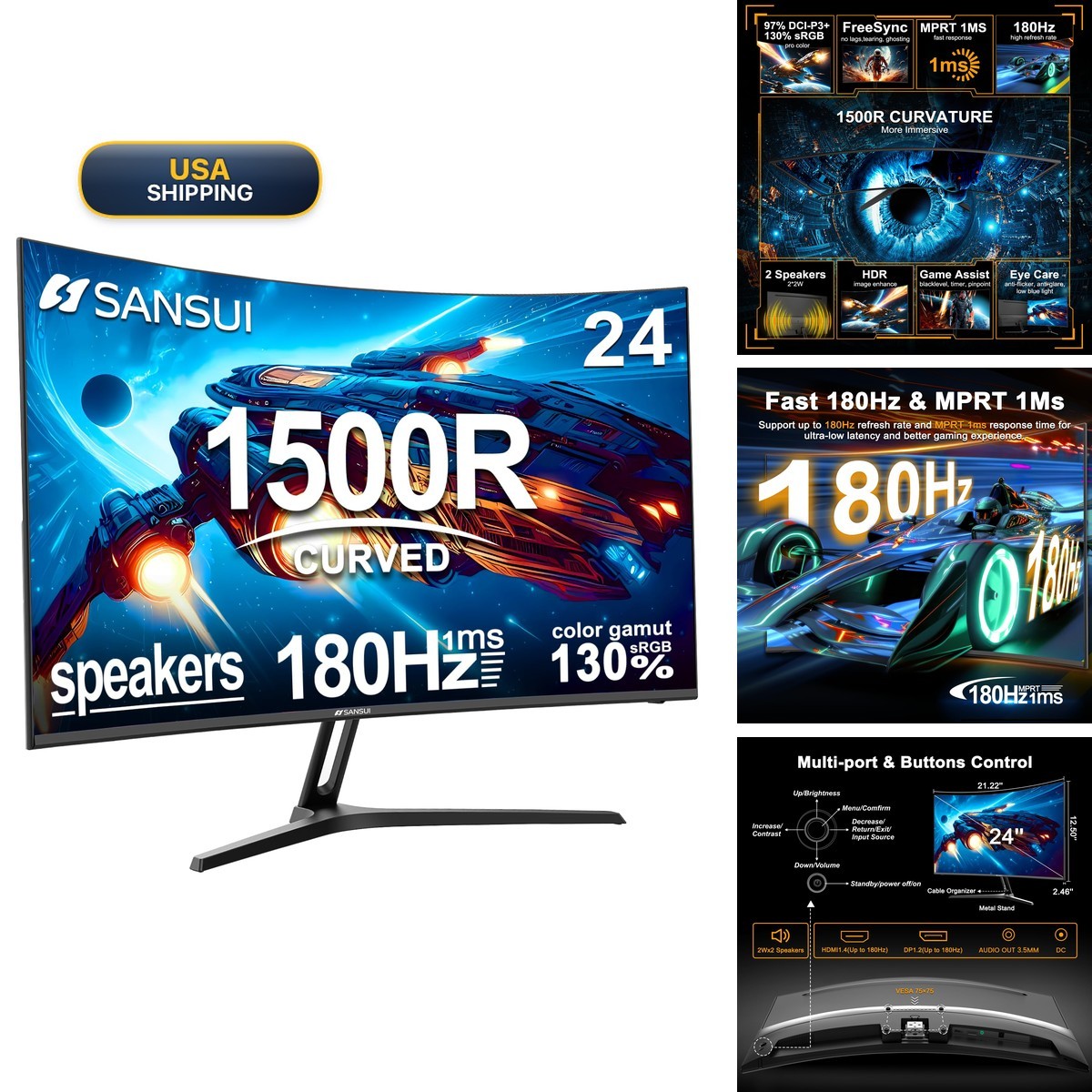 SANSUI ES-G24C1-US 24 Inch Curved Gaming Monitor 160Hz 1ms