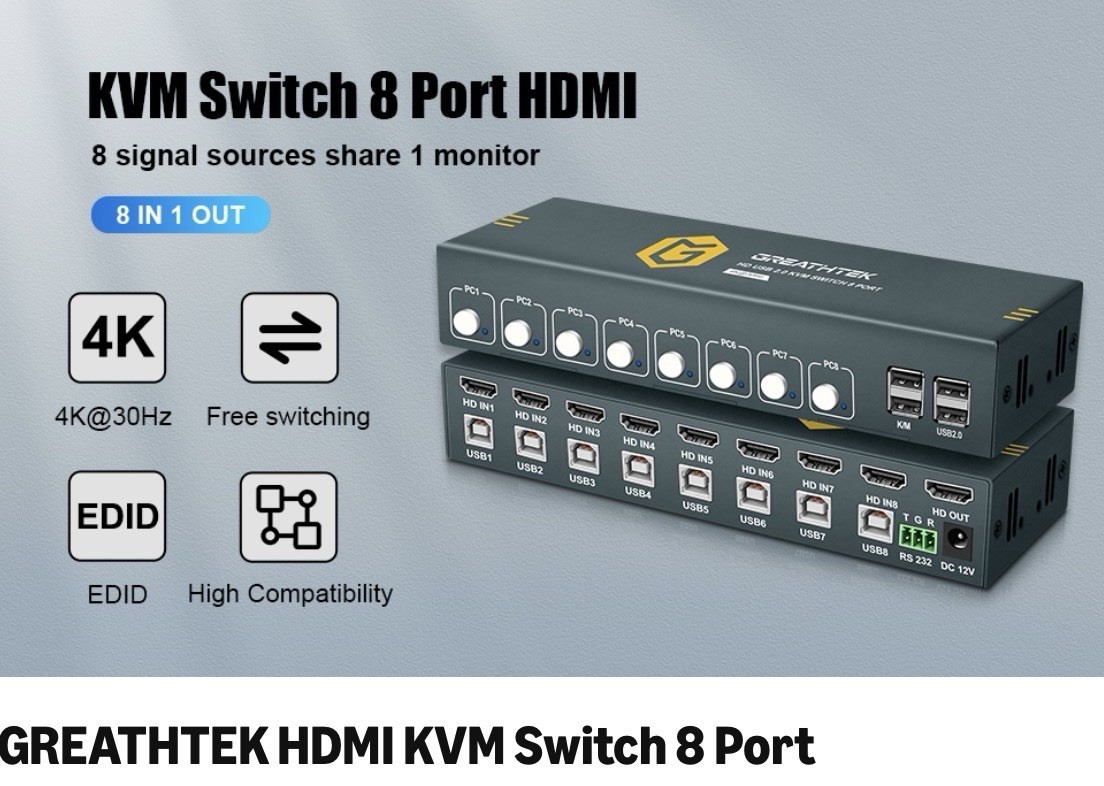 GREATHTEK 8 Ports 4k HDMI KVM Switch, 8 Computers/1 Monitor/KBand Mouse/USB2.0