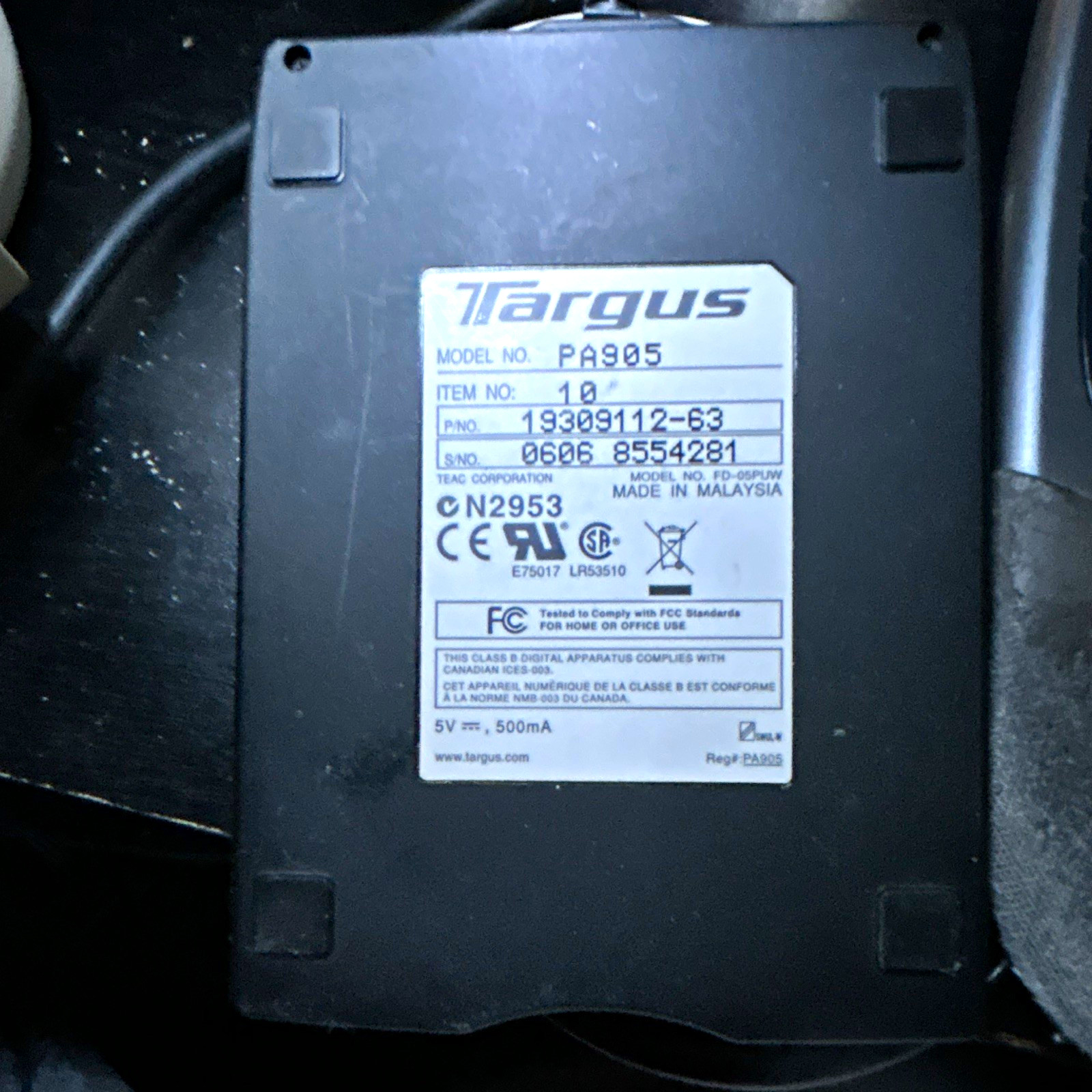 Targus PA905 USB External 3.5 inch Floppy Disk adaptor, Black