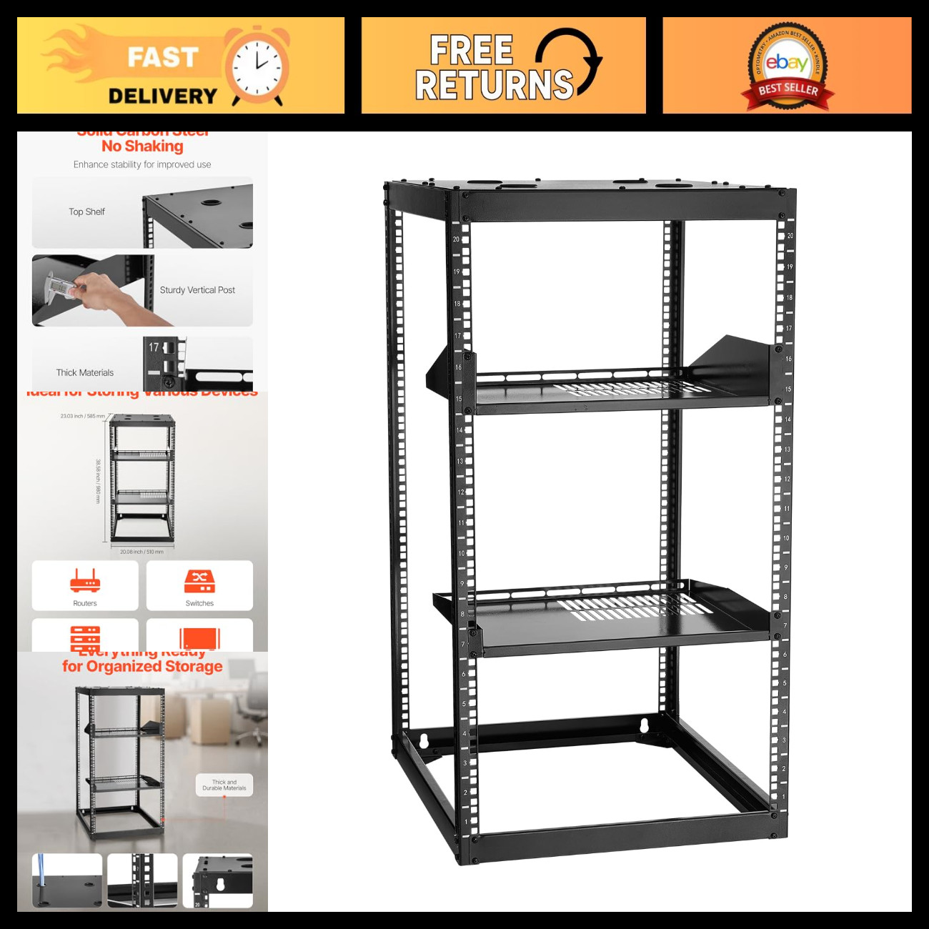 20U Open Frame Network Rack - 23" Deep, Wall Mount/Floor Stand, Heavy Duty 4 Pos