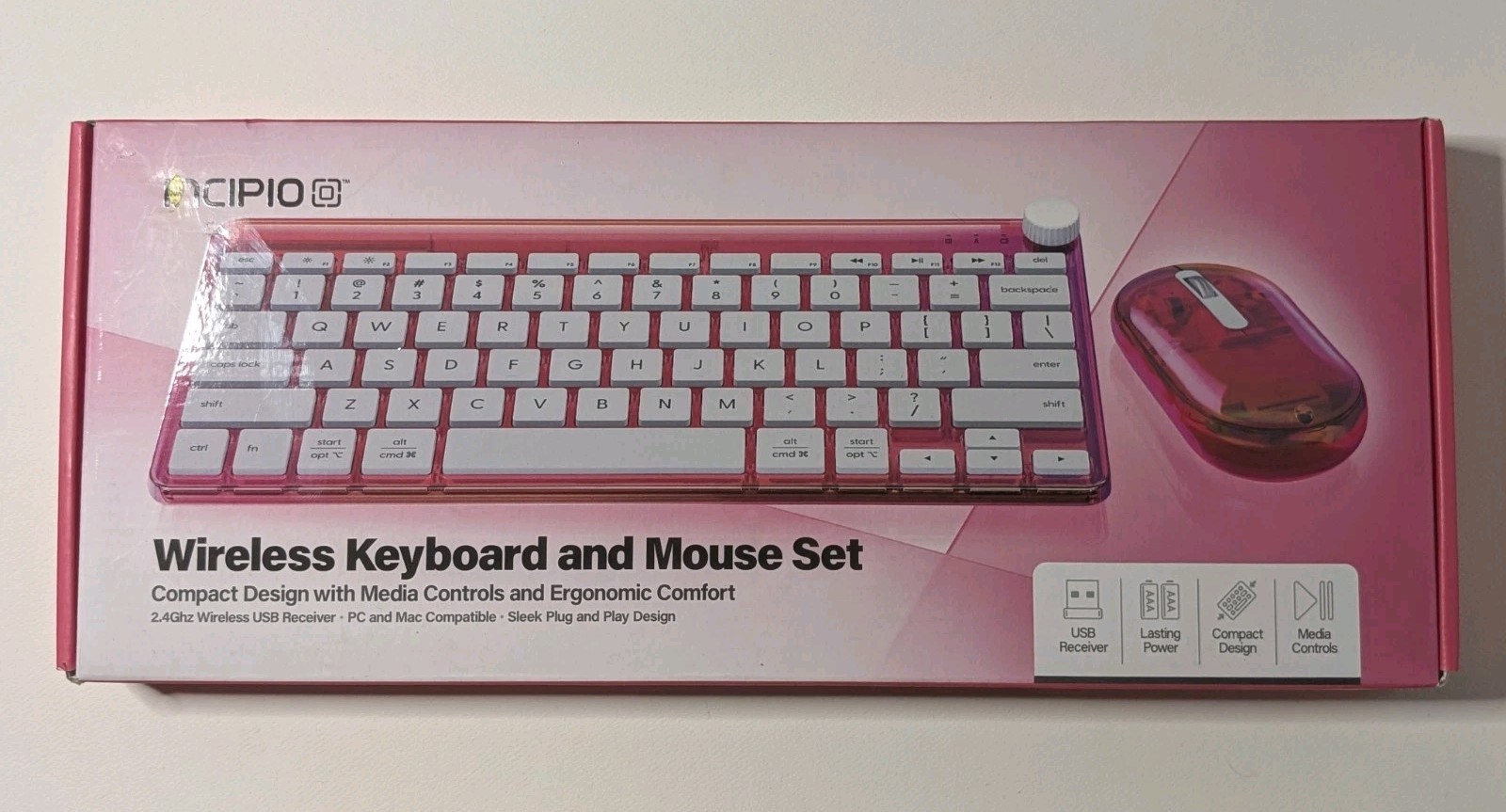 Incipio Wireless Keyboard and Mouse Set Compact Design Media Controls USB Pink