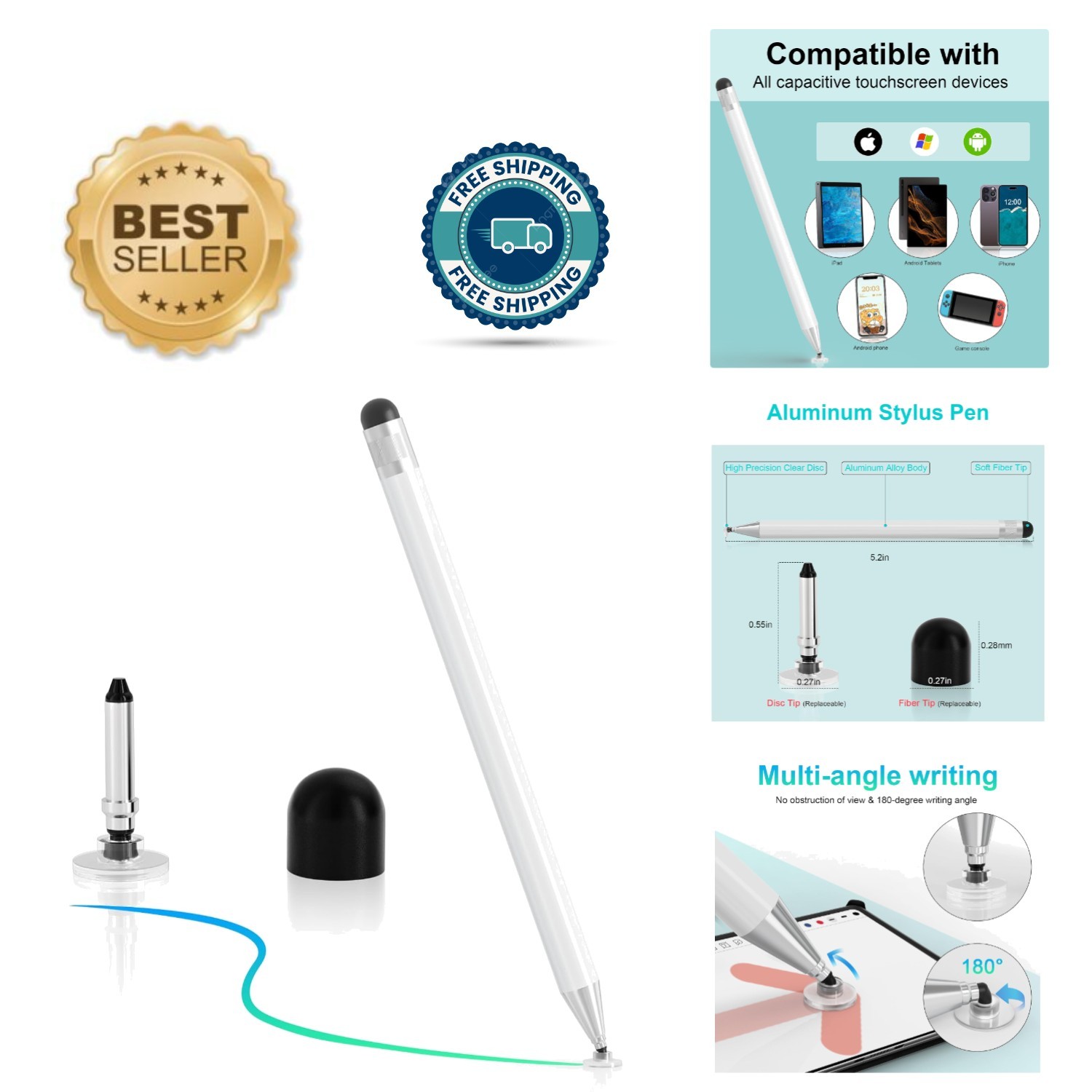 Lightweight Dual-Tip Stylus Pen for All Capacitive Devices - 1 Count in White