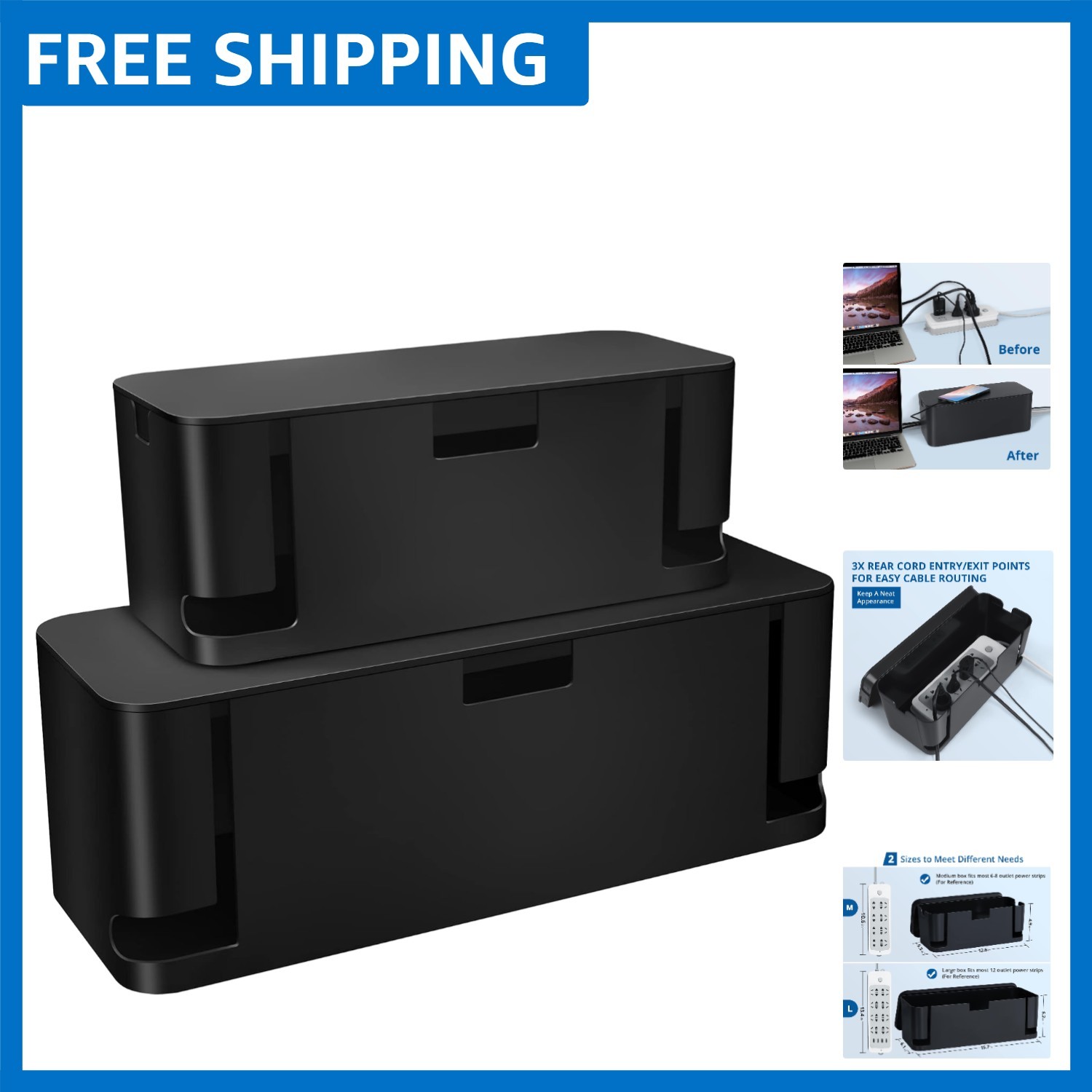 Durable Cable Management Box Set - 2 Pack, Modern Power Strip Organizer in Black