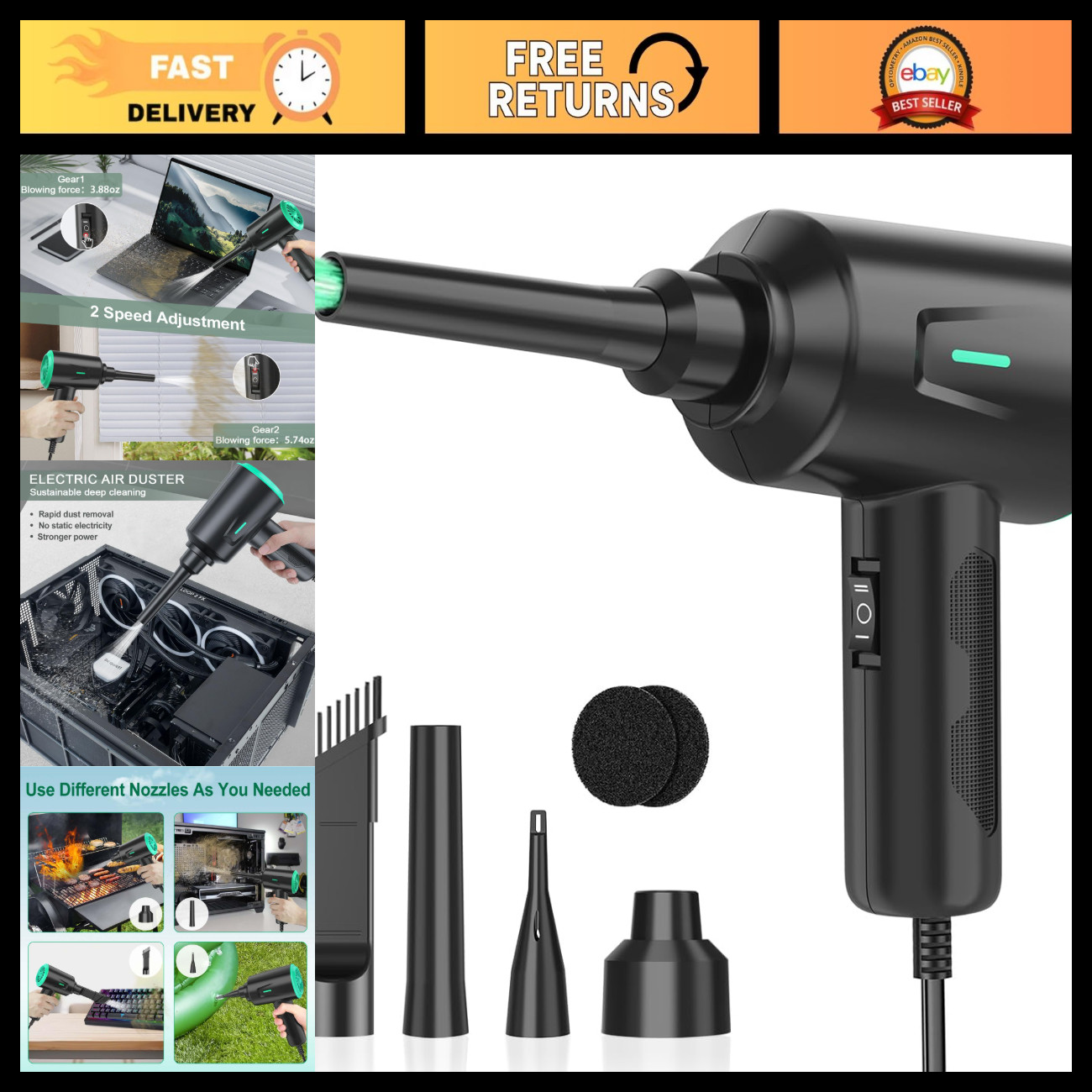 High Power Electric Air Duster - 5.74oz Blower for PC & Electronics Cleaning - 2