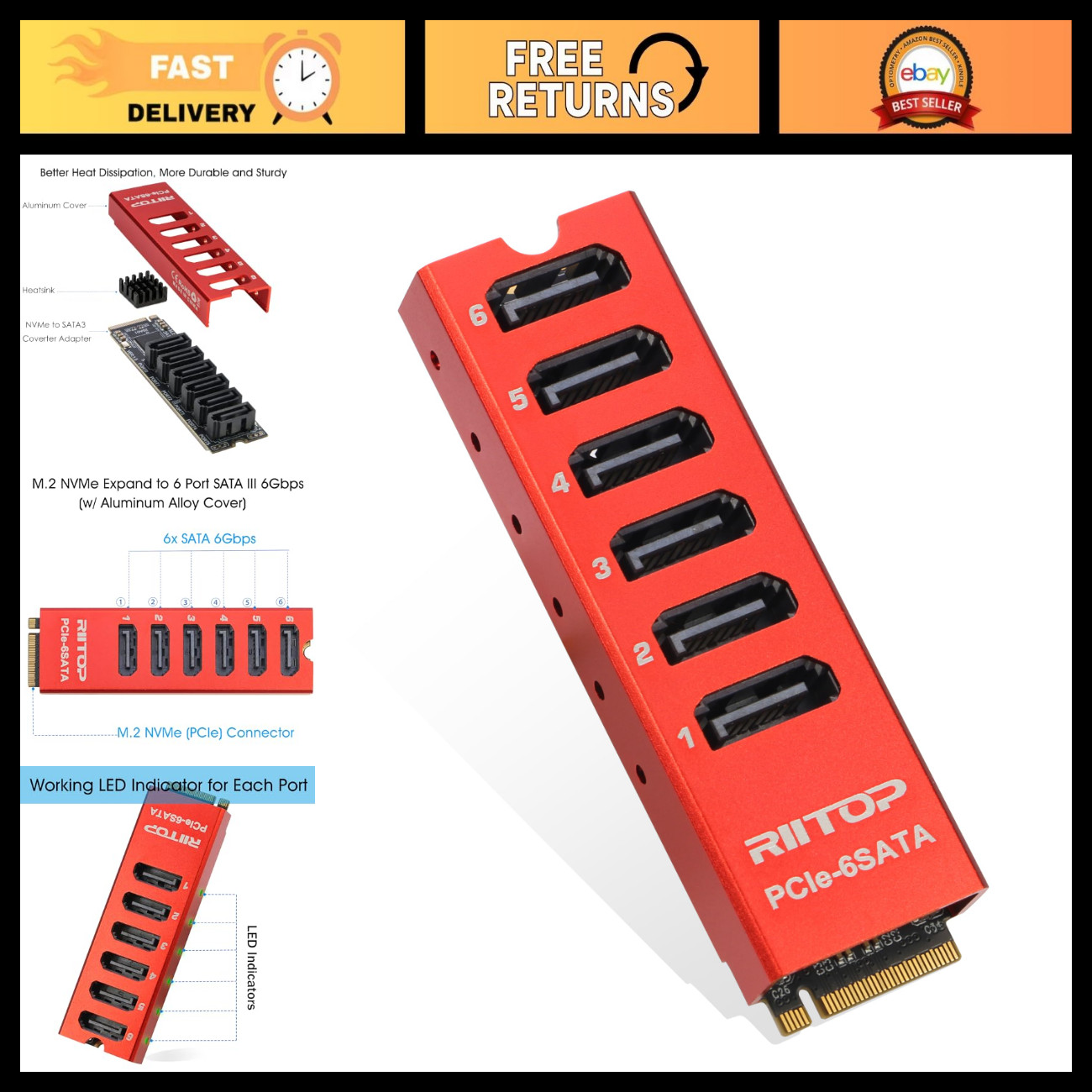M.2 to SATA 6-Port Adapter Card, NVMe to SATA 3.0, ASM1166, Aluminum Housing, 6G