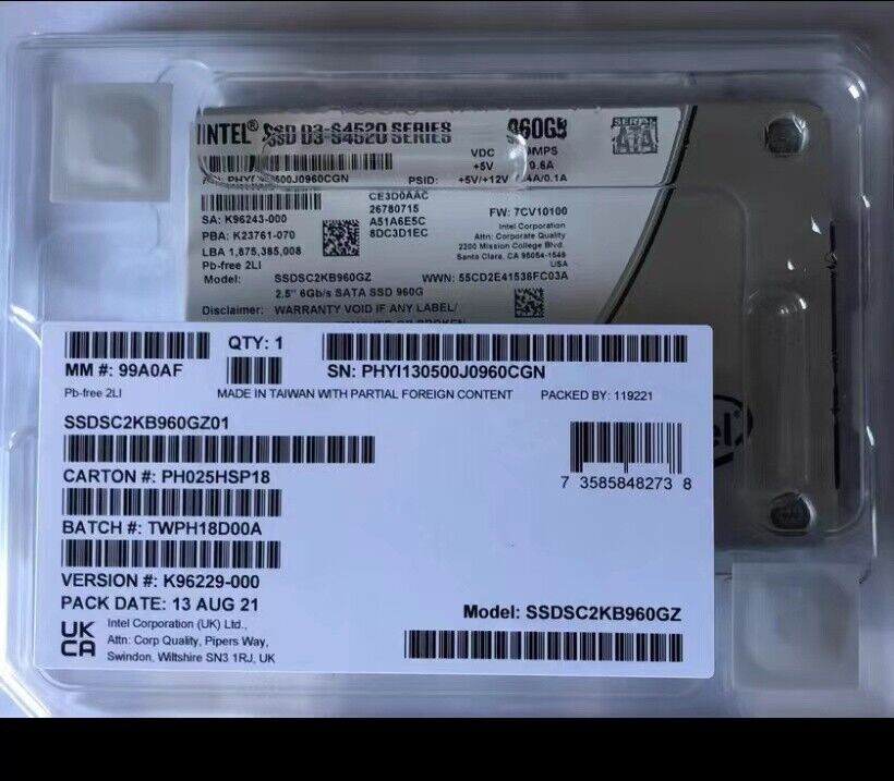 Intel SSD S4520 960GB SSDSC2KB960GZ01 2.5" SATA3 Solid State Drive SSD