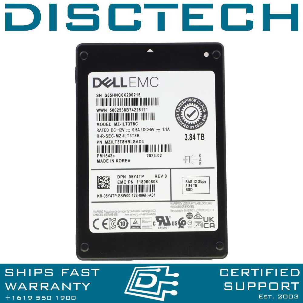 Samsung PM1643a MZ-ILT3T8C Dell 5Y4TP 3.84TB SAS 12Gbps RI SSD
