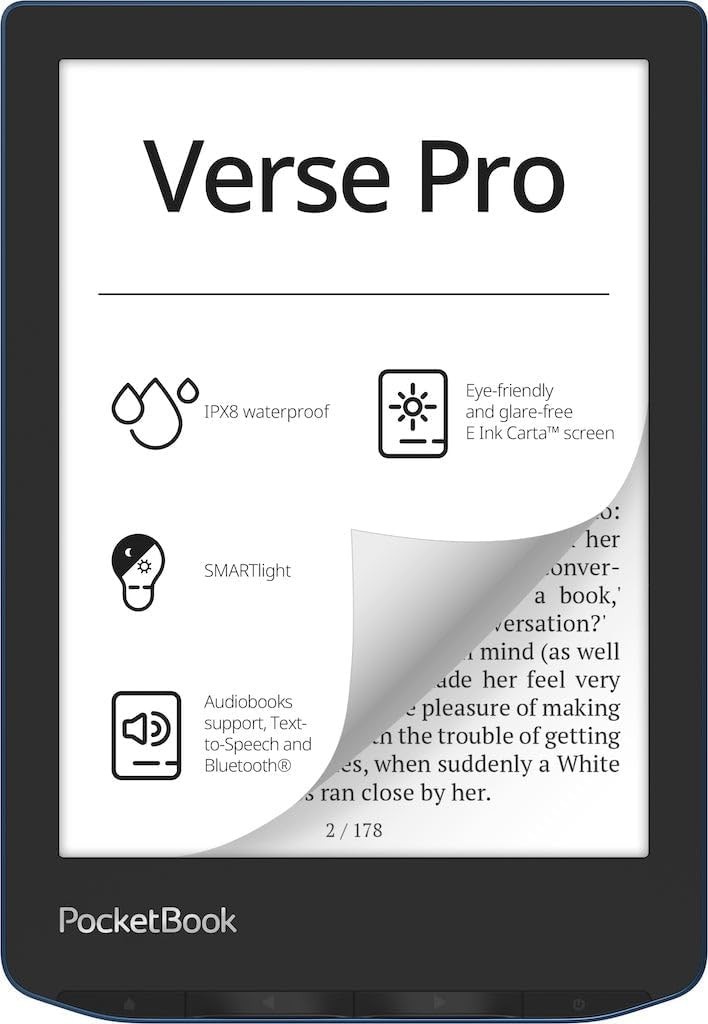PocketBook Verse PRO 6" E-Ink HD eReader + Case bundle, Waterproof, Audio, Azure