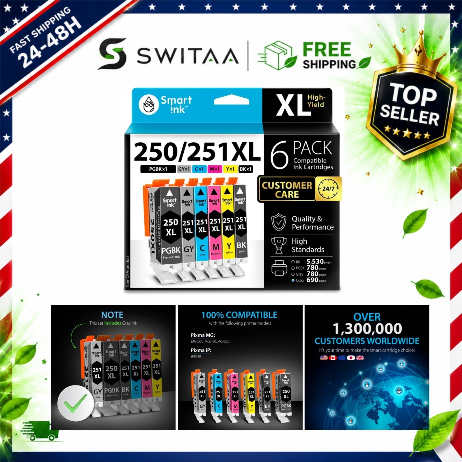 Smart Ink Compatible Ink Cartridges for Canon PGI-250XL CLI-251XL 6 Pack PGBK