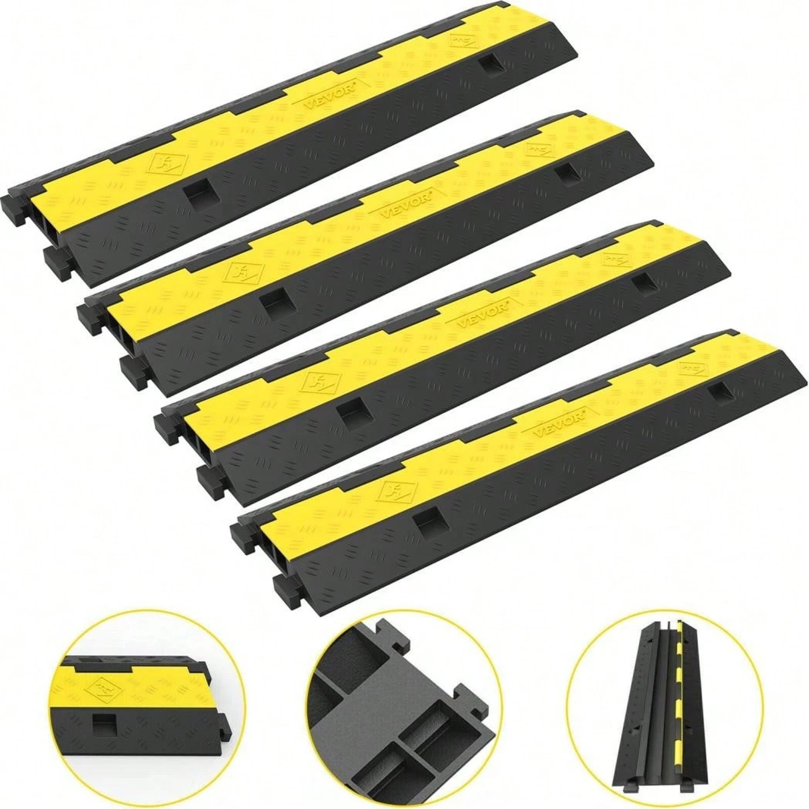 4 Pack Dual Channel Cable Protector Ramps with Hinged Yellow Covers