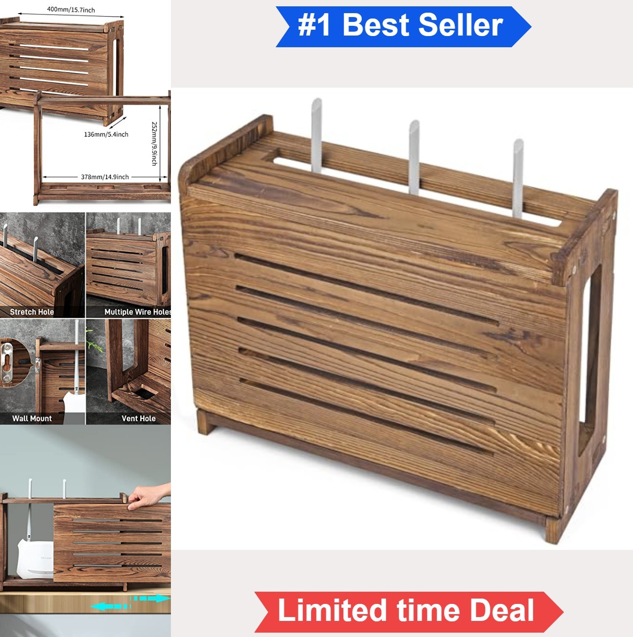 Wooden Router Shelf Wall Mount WiFi Modem Power Strip Cable Management Box Gray