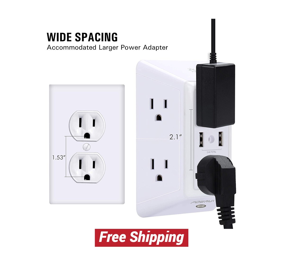 USB Wall Charger, Surge Protector, 6-Outlet Extender with 2 USB Charging Ports