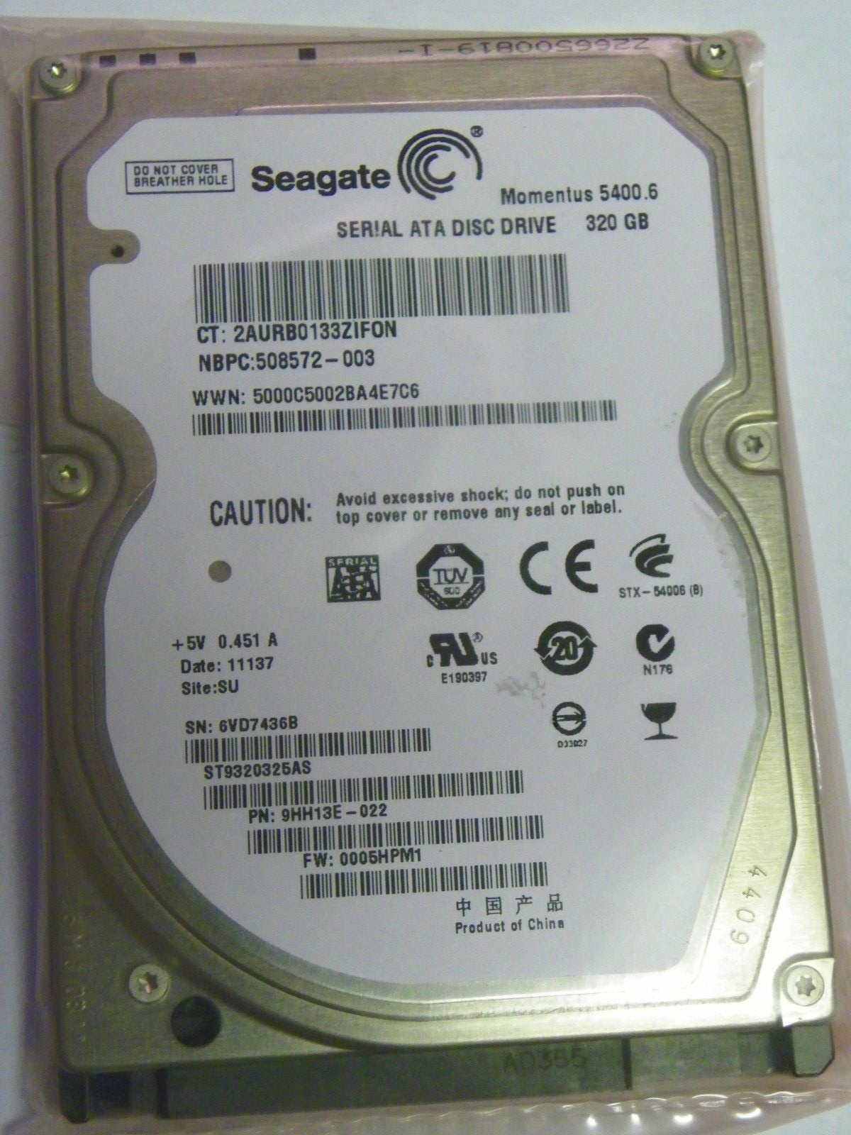 Seagate ST9320325AS P/N:9HH13E-022 FW:0005HPM1 SU Laptop 320GB 2.5" SATA HDD