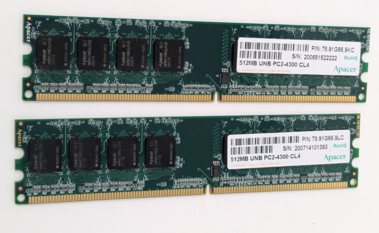 1GB Apacer (2x512MB) DDR2 PC2-4300 CL4 Desktop RAM 78.91G66.9KC Unbuffered