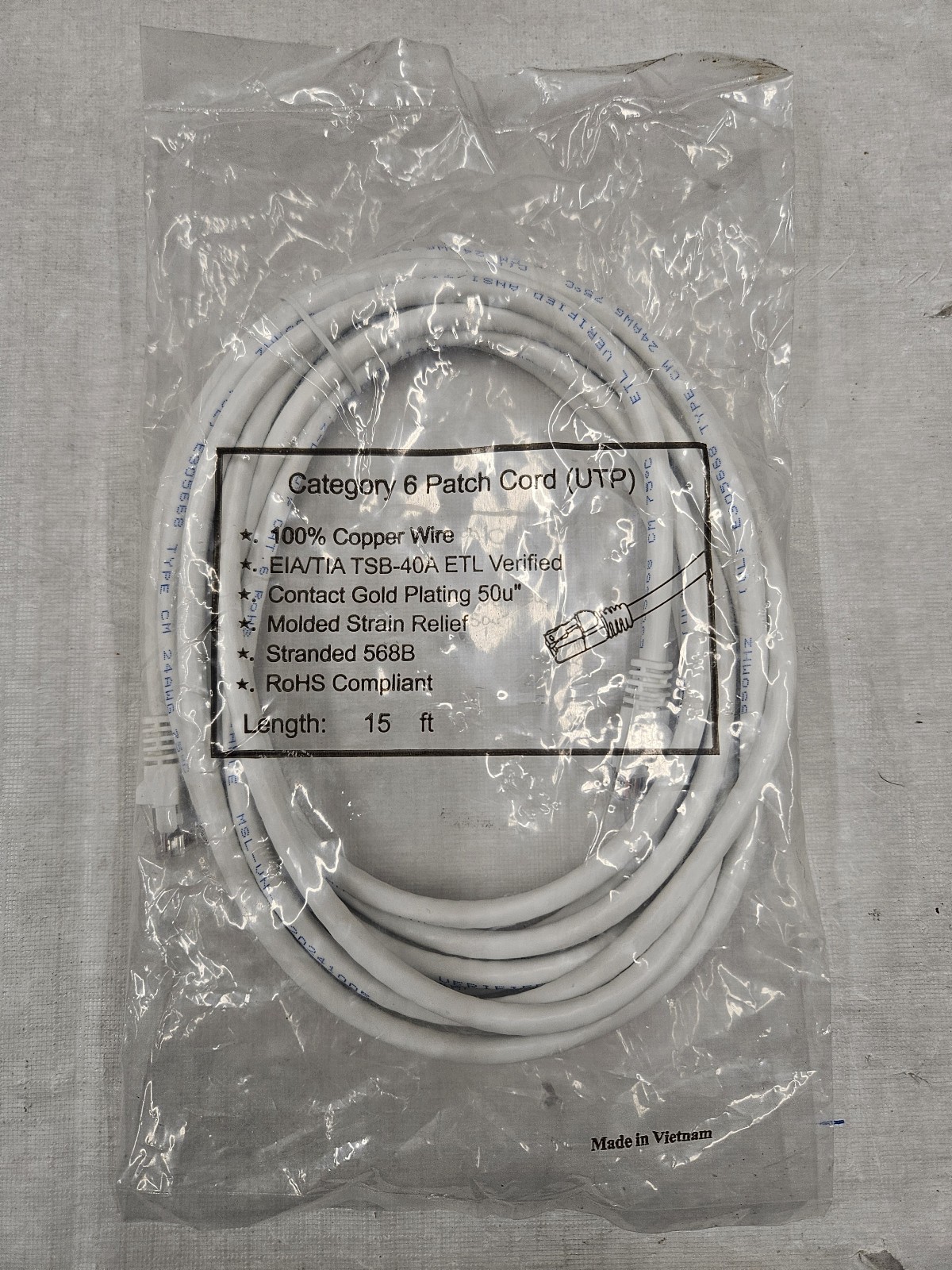 Cat 6 UTP Patch Cord Ethernet Cable Booted Brand New 15ft White/Grey