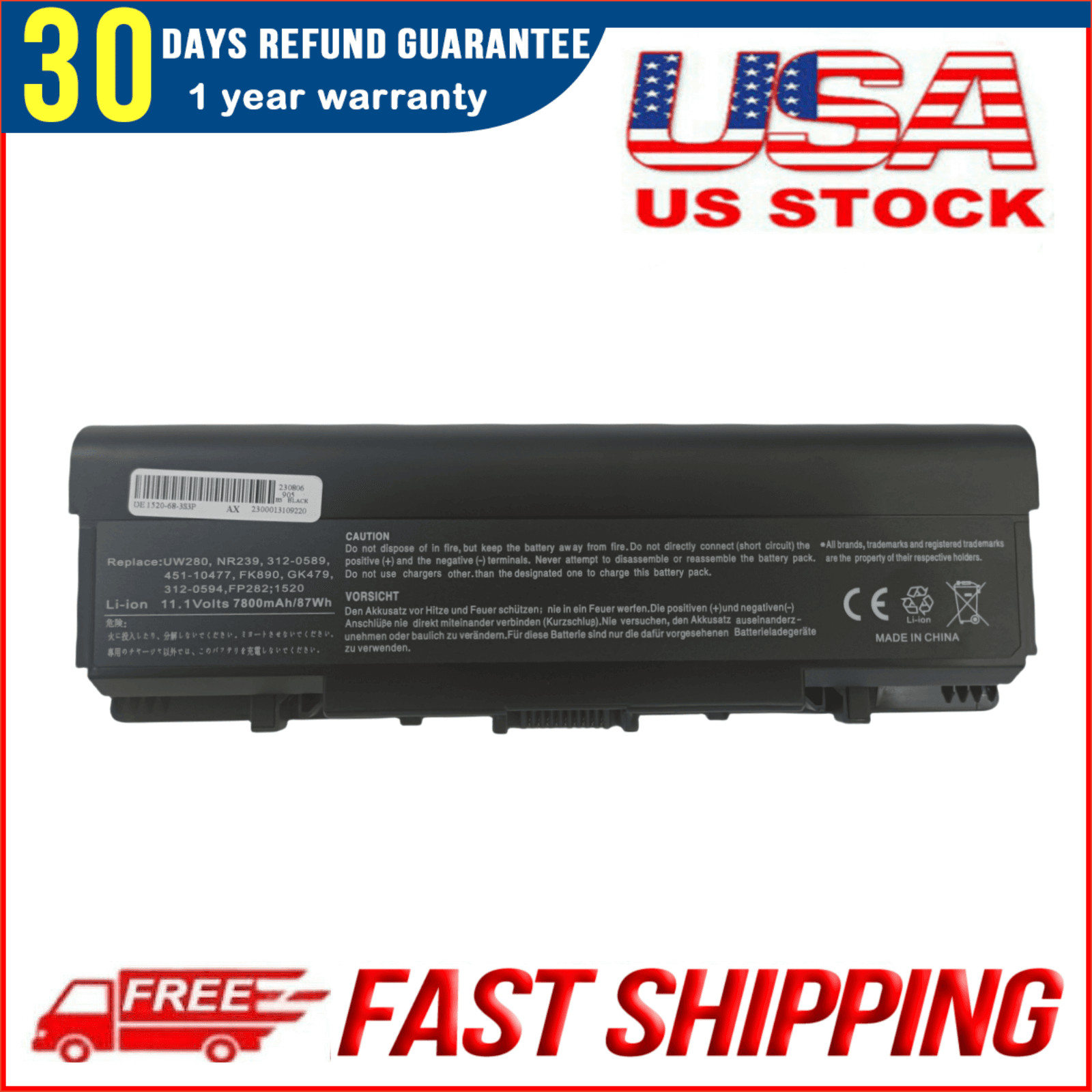 New 7800mAh 87WH GK479 FK890 FP282 NR239 Battery for Dell Inspiron 312-0589 1520
