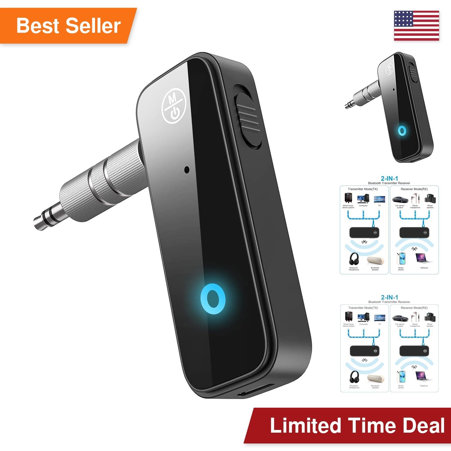 JXTZ Bluetooth 5.4 AUX Adapter Car Transmitter Receiver 2-in-1 3.5mm Wireless