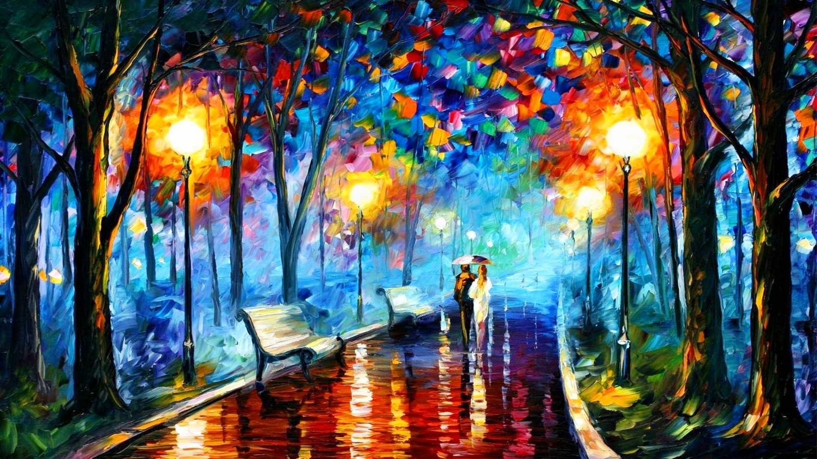 Landscape painting park trees leonid afremov street Custom Gaming Mat Desk