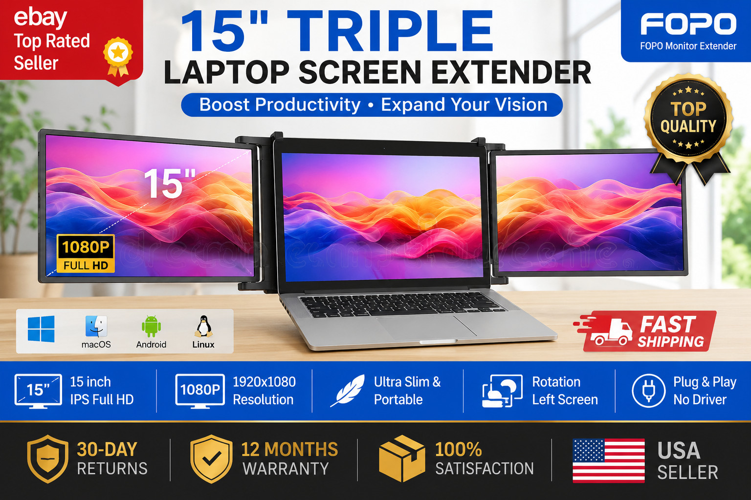 15" Triple Portable Monitor for Laptop FHD 1080P USB-C HDMI Screen Extender