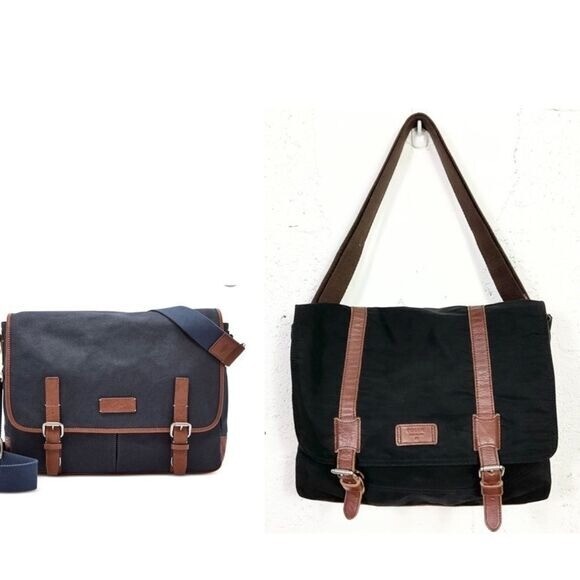 Fossil Canyon Black Brown Foldover Flap Messenger Computer Shoulder Bag