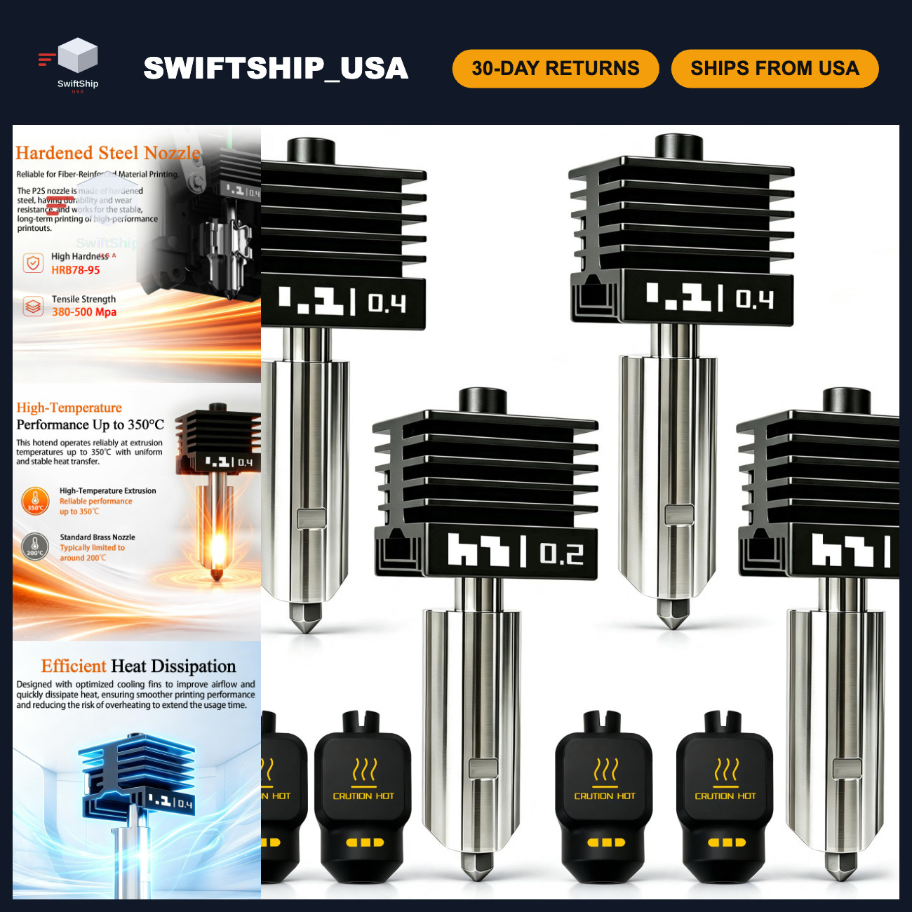 4-Pack 0.2mm/0.4mm P2S Hotend Nozzle Set for 3D Printers - Bambu Lab Compatible