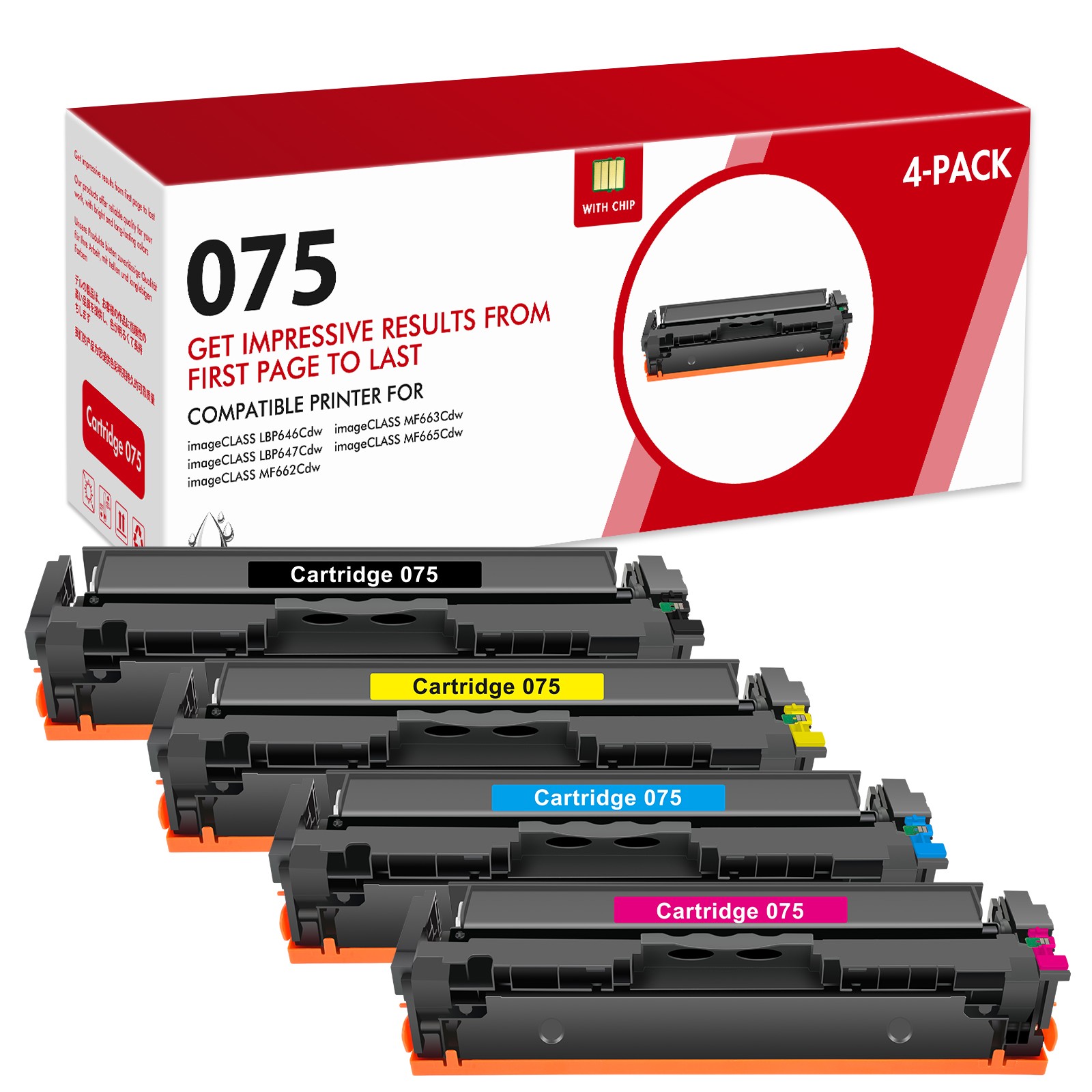 4 Pack 075 Toner Cartridge Set for Canon ImageCLASS MF663Cdw LBP647Cdw MF660c