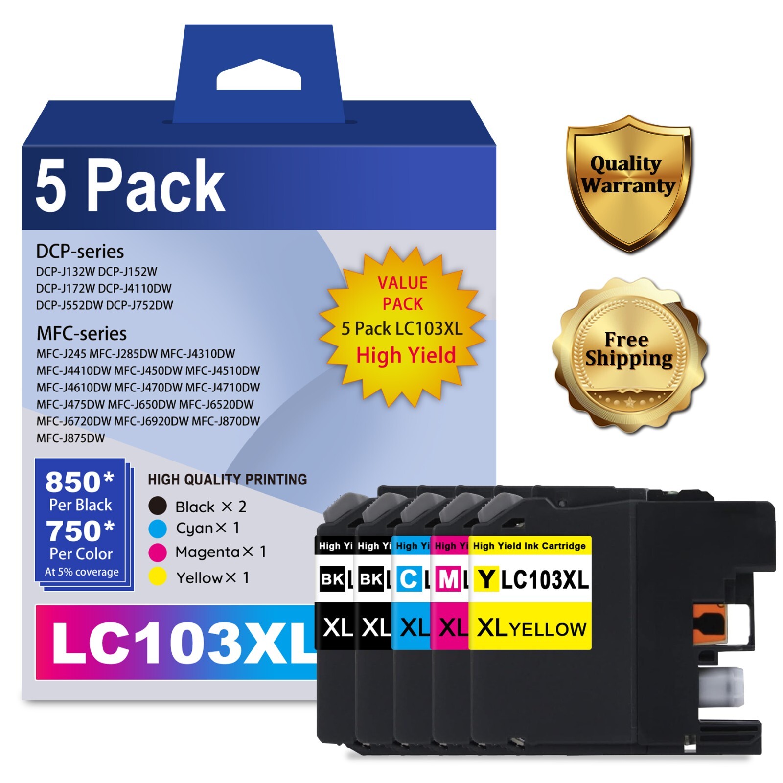 LC103XL 5PK 2BK/C/M/Y Combo Ink DCP-J4110DW MFC-J245 MFC-J450DW MFC-J6520DW 