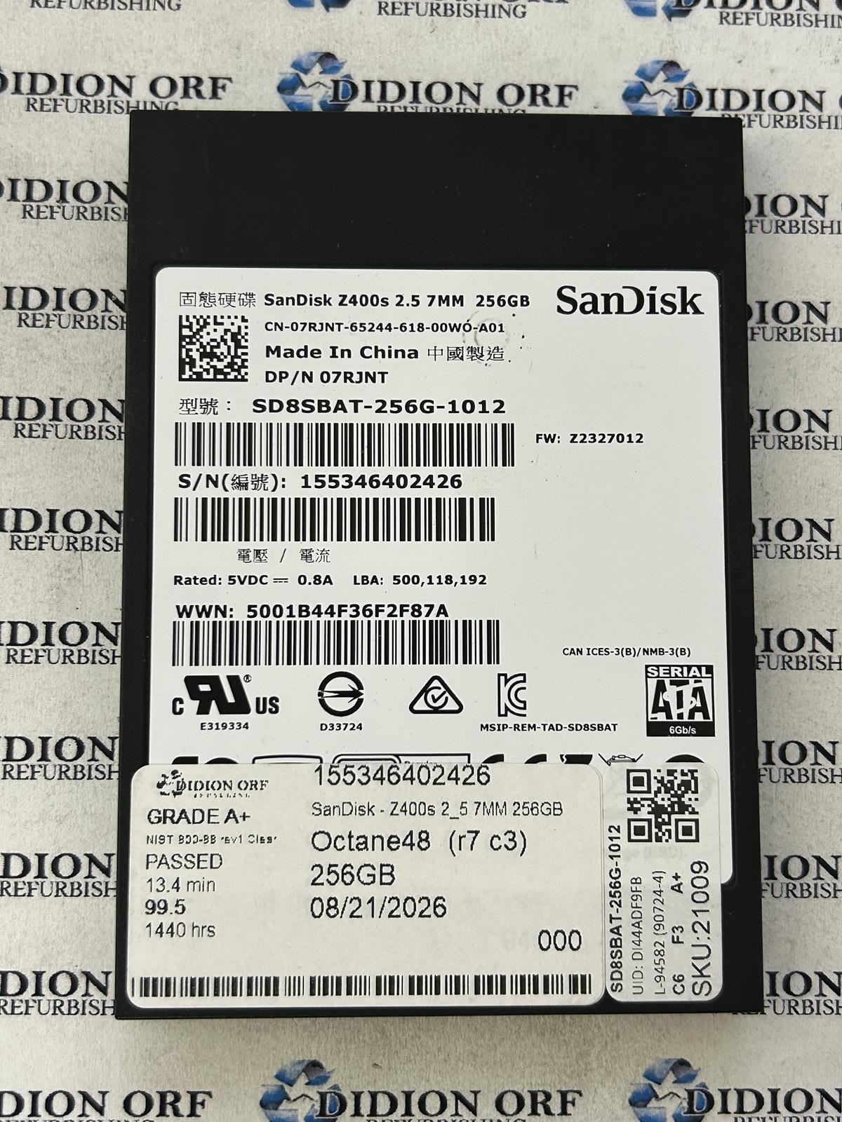 SANDISK 256GB 2.5" SATA SSD SD8SBAT-256G-1012, Grade A+, SKU 21009
