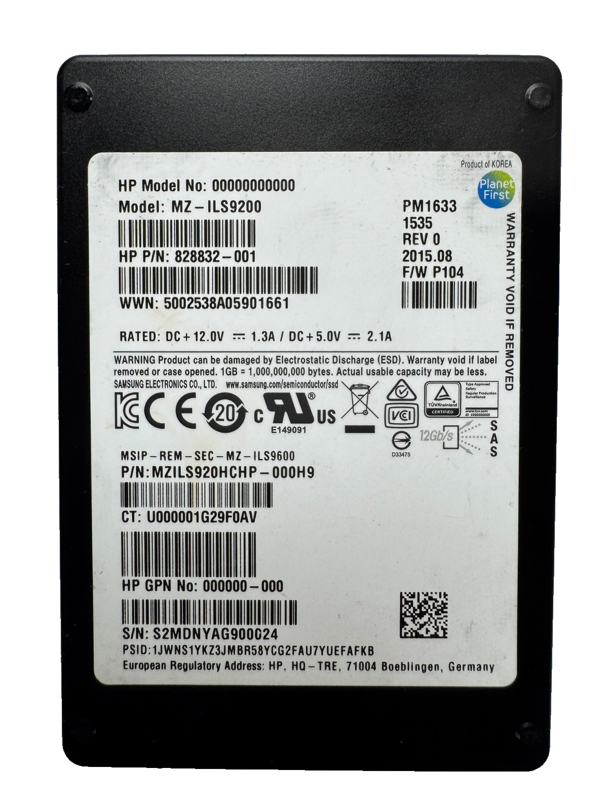 HPE SAMSUNG PM1633 920GB 2.5" SAS SSD 12Gbps/512b/sector/Perfect 100% HEALTH