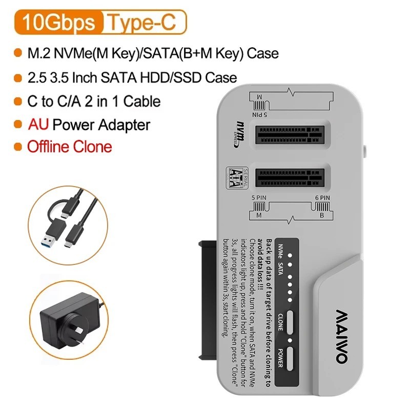 MAIWO 3 Bay Docking Station M.2 NVMe SATA SSD Case & 2.5 3.5 Inch SATA HDD Enc T