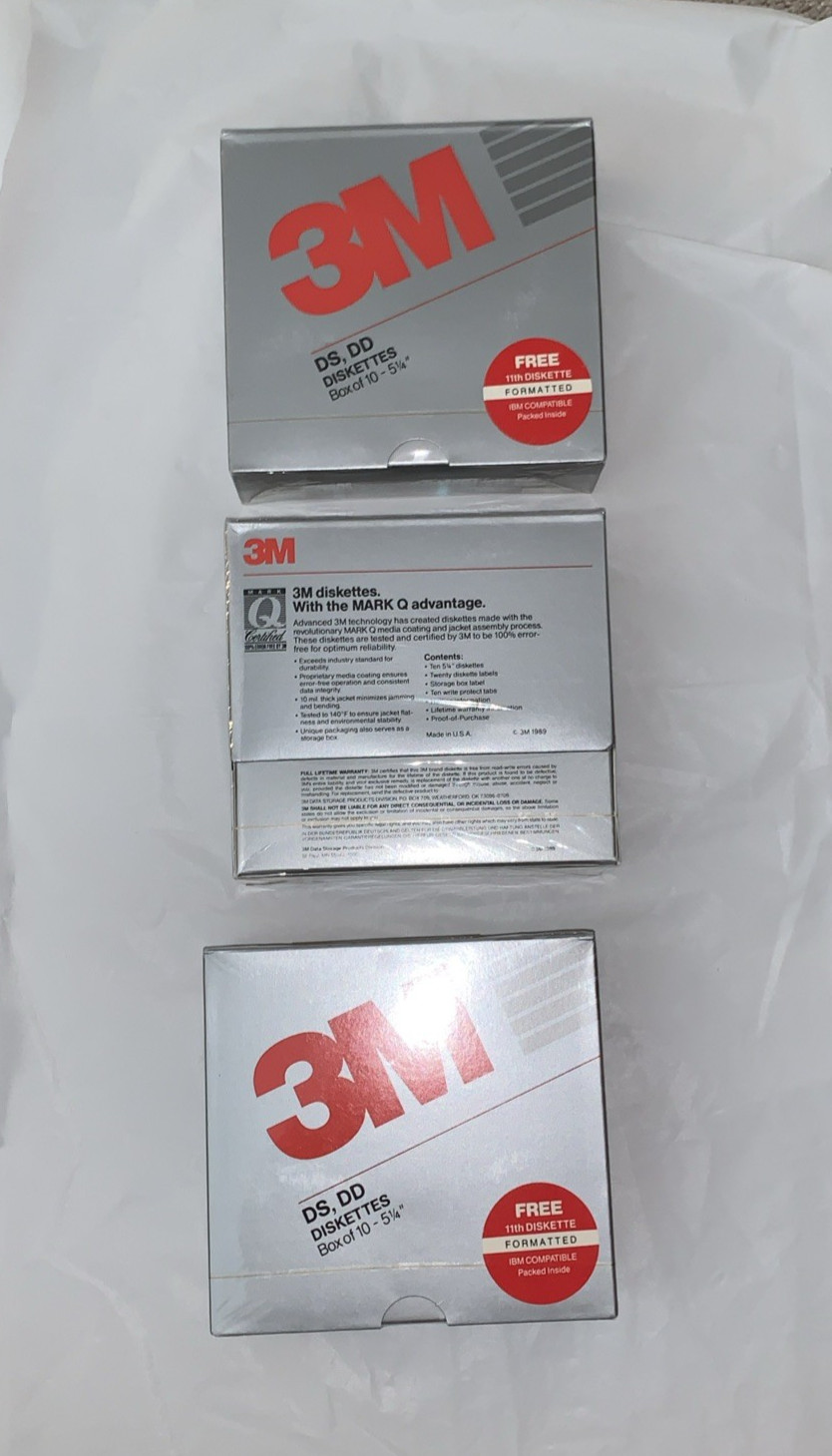 Vintage 3M 5.25 " diskettes, lot of 3 boxes, 10 disks each; still in shrink wrap