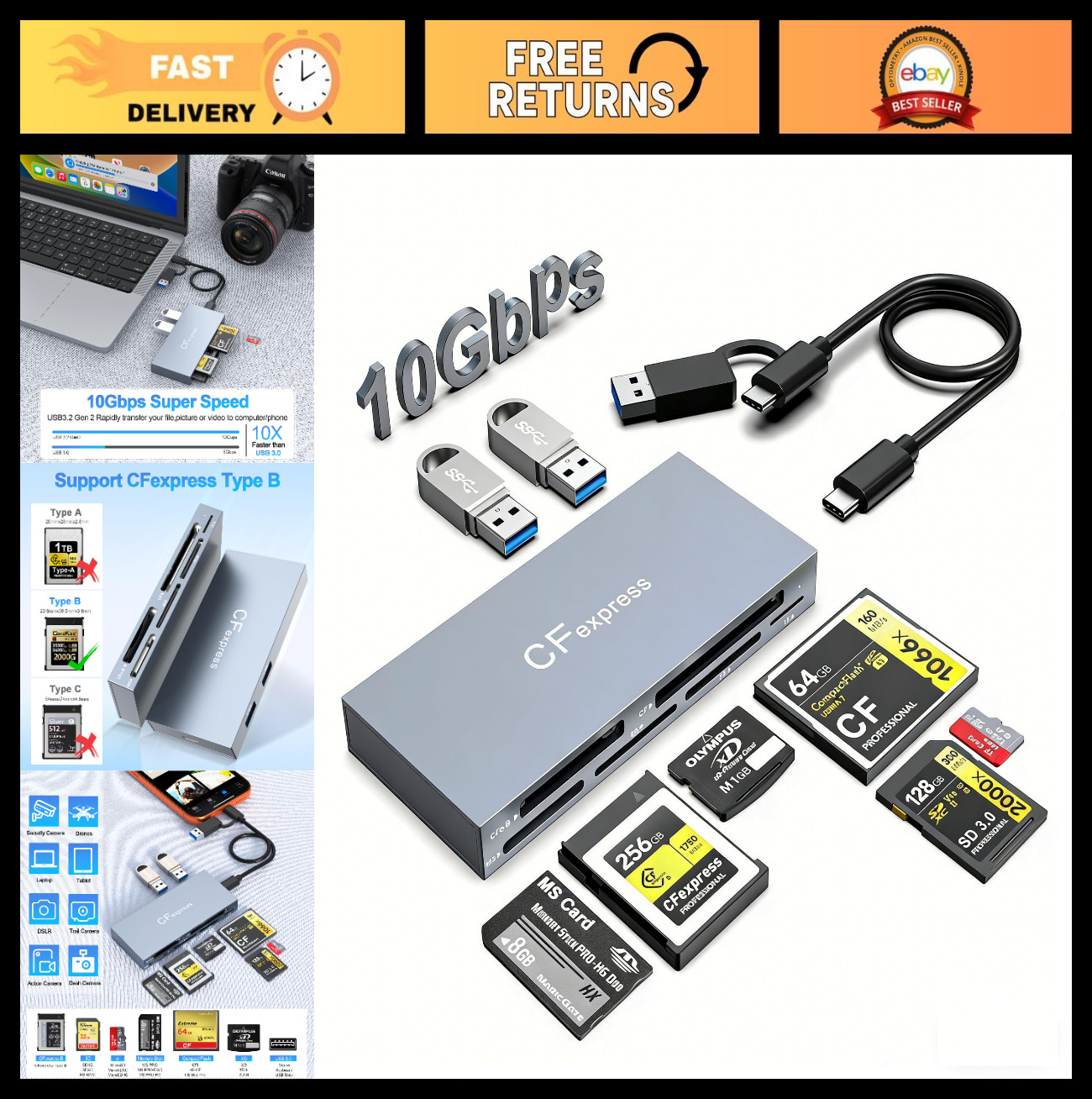 8-in-1 CFexpress Type B Card Reader, 10Gbps Multi Memory Card Hub, USB 3.2 for W